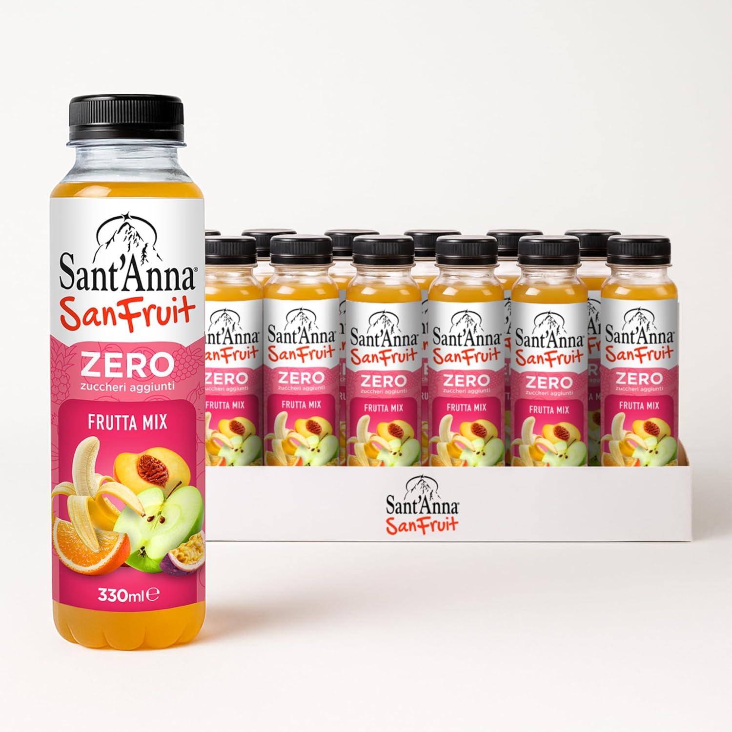 Sant’Anna SanFruit Mixed Fruit Drink 11.15 Fl Oz (12-Pack) | Italian Beverage with Real Juice (Apple, Peach, Orange, Passion Fruit, Banana) | Made with Natural Mineral Water from the Italian Alps | No Added Sugar, No Preservatives