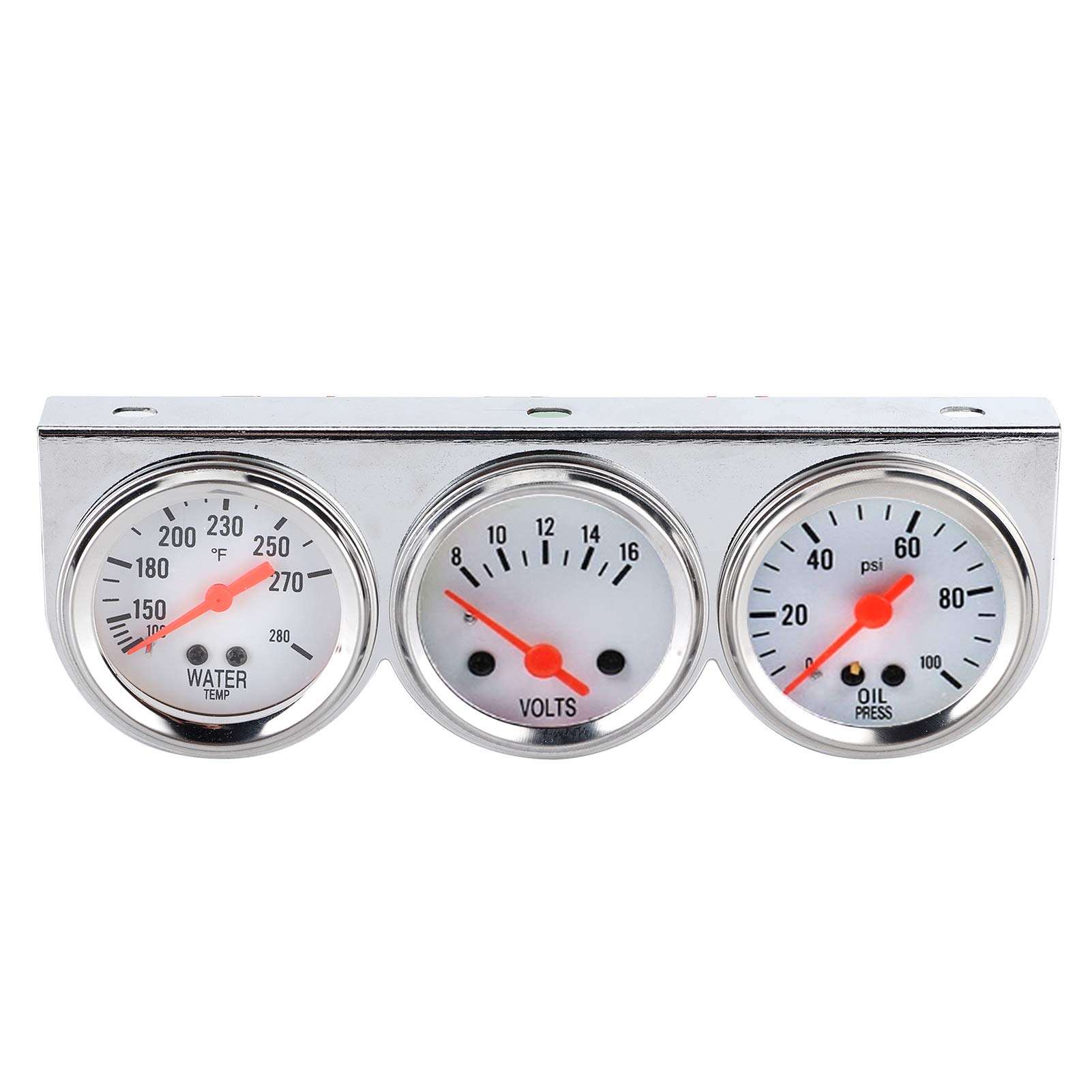 Tnfeeon Dreifach-Messgerätesatz, Mechanischer Wassertemperatur-Volt-Öldruckmesser, Kunststoff-Metall-Chrom-Gehäuse, Weißes Zifferblatt, Rote Nadeln, 100 Bis 280 F, 8 Bis 16 V, 0 100 PSI Für Hot Rods