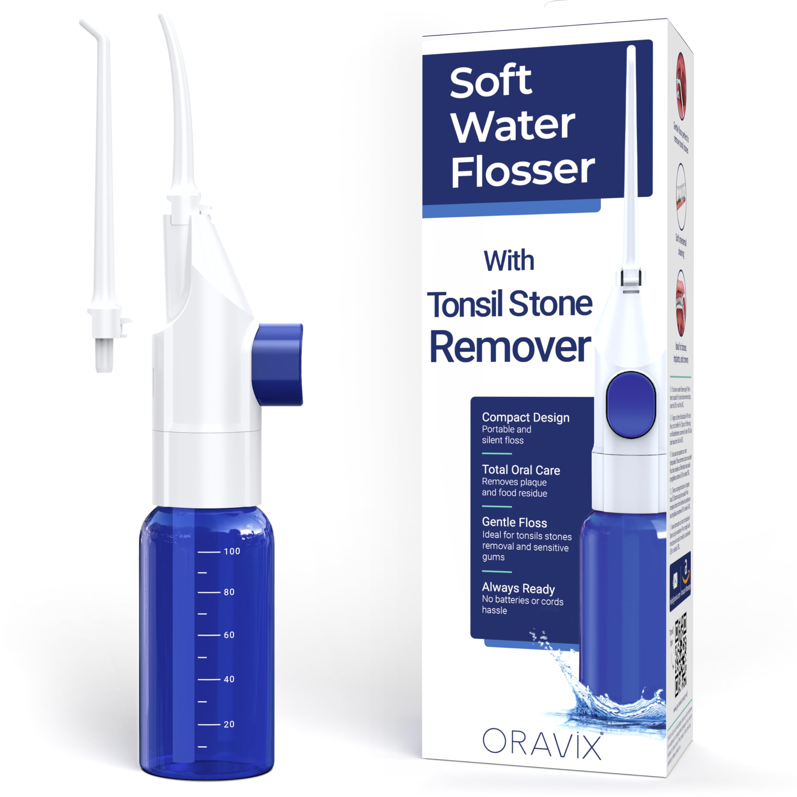 ORAVIX Dental Water Flosser Tonsil Stone Remover, Oral Irrigator for Sensitive Teeth and Gums, Kids Manual Water Flosser No Electricity or Batteries