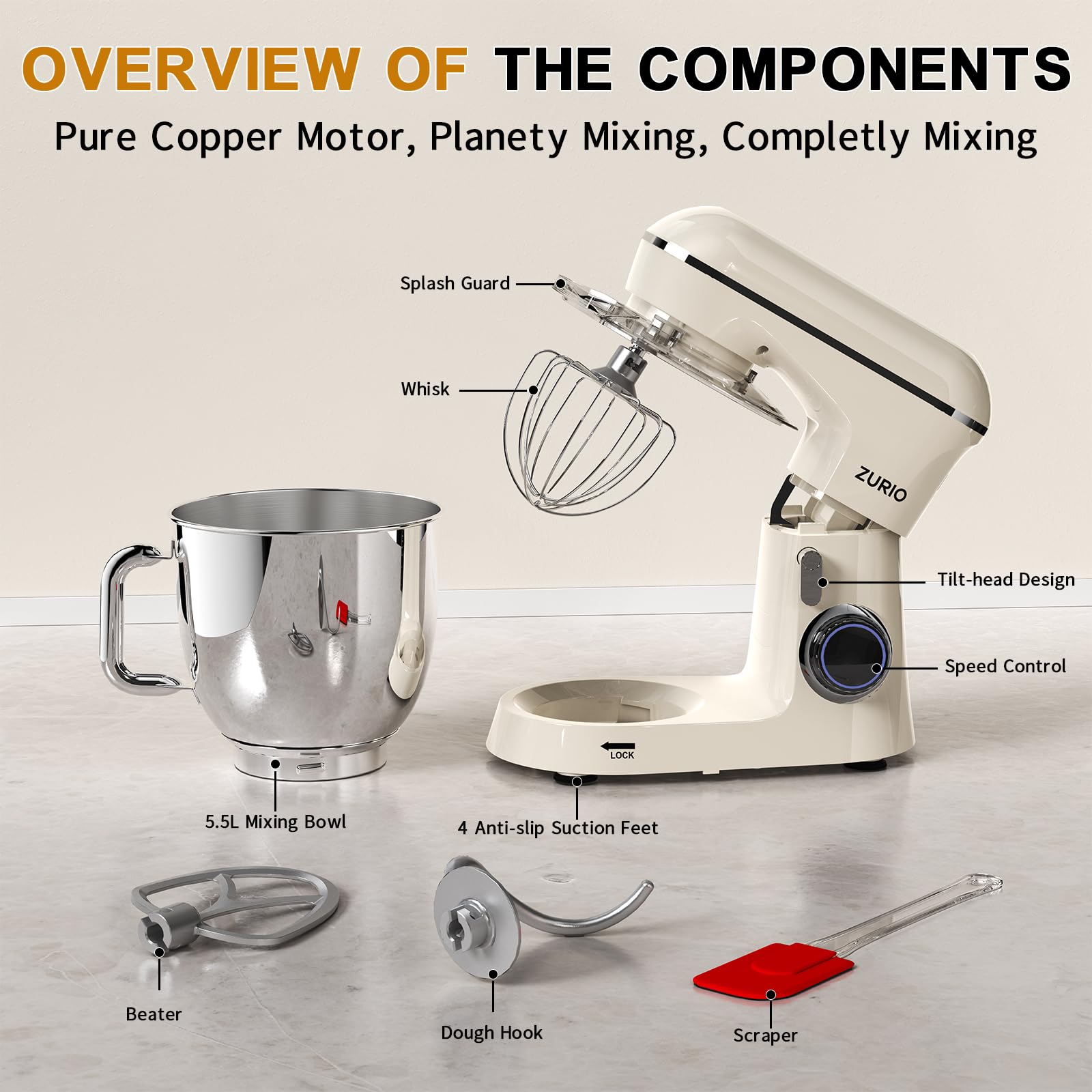 Robot Patissier 1300w Zurio 5.5L Batteurs Et Robots Portable à 10 Vitesses Avec Fonction De Silencieuse, Avec Accessoires Crochet à PâTe, Fouet, PéTrin Argent (Cream)
