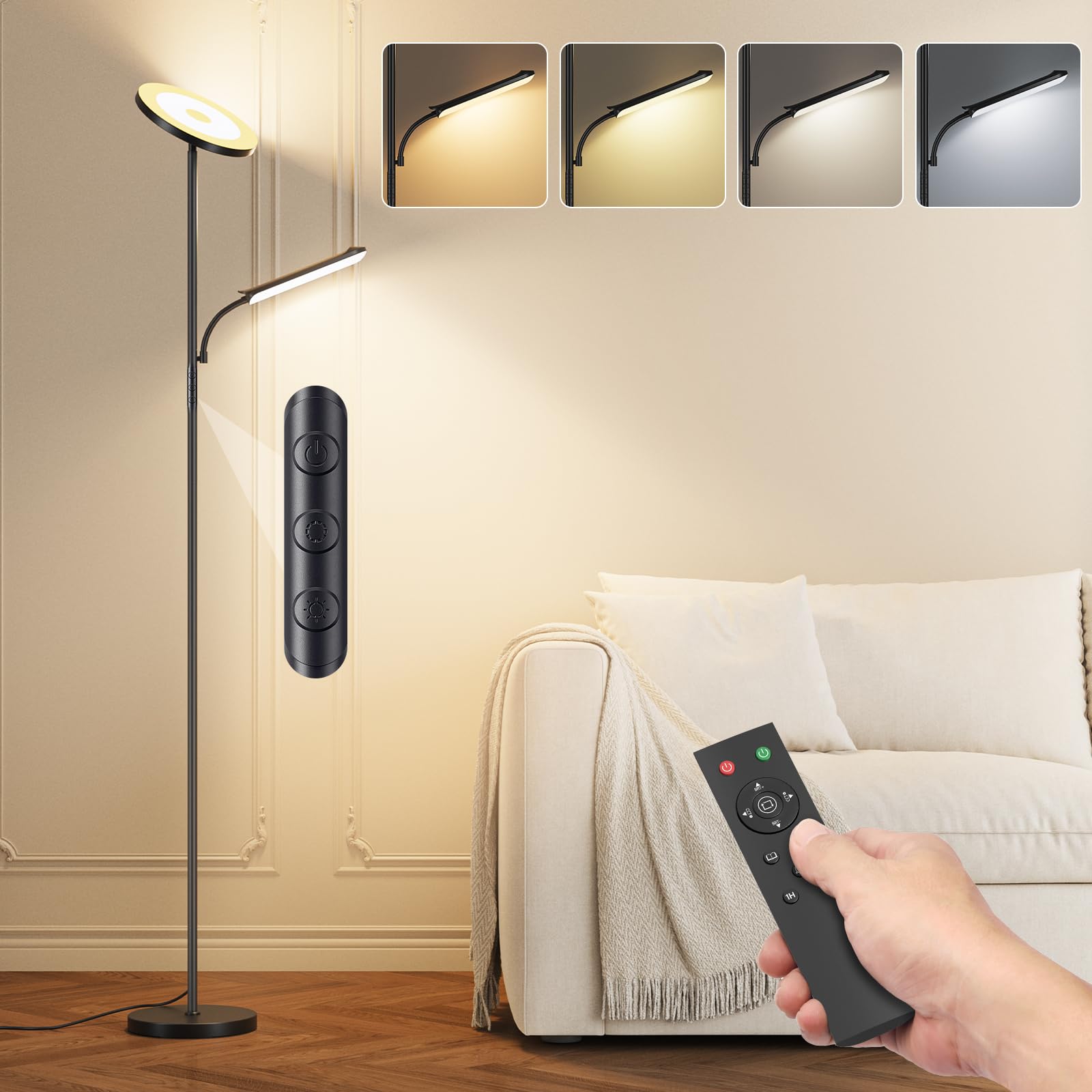 Stehlampe Wohnzimmer Dimmbare - 42W Deckenfluter mit Leselampe, LED Deckenfluter mit 2700K-6500K Farbtemperatu, Moderne Standleuchte mit Fernbedienung & Touch-Steuerung, für Wohnzimmer Schlafzimmer