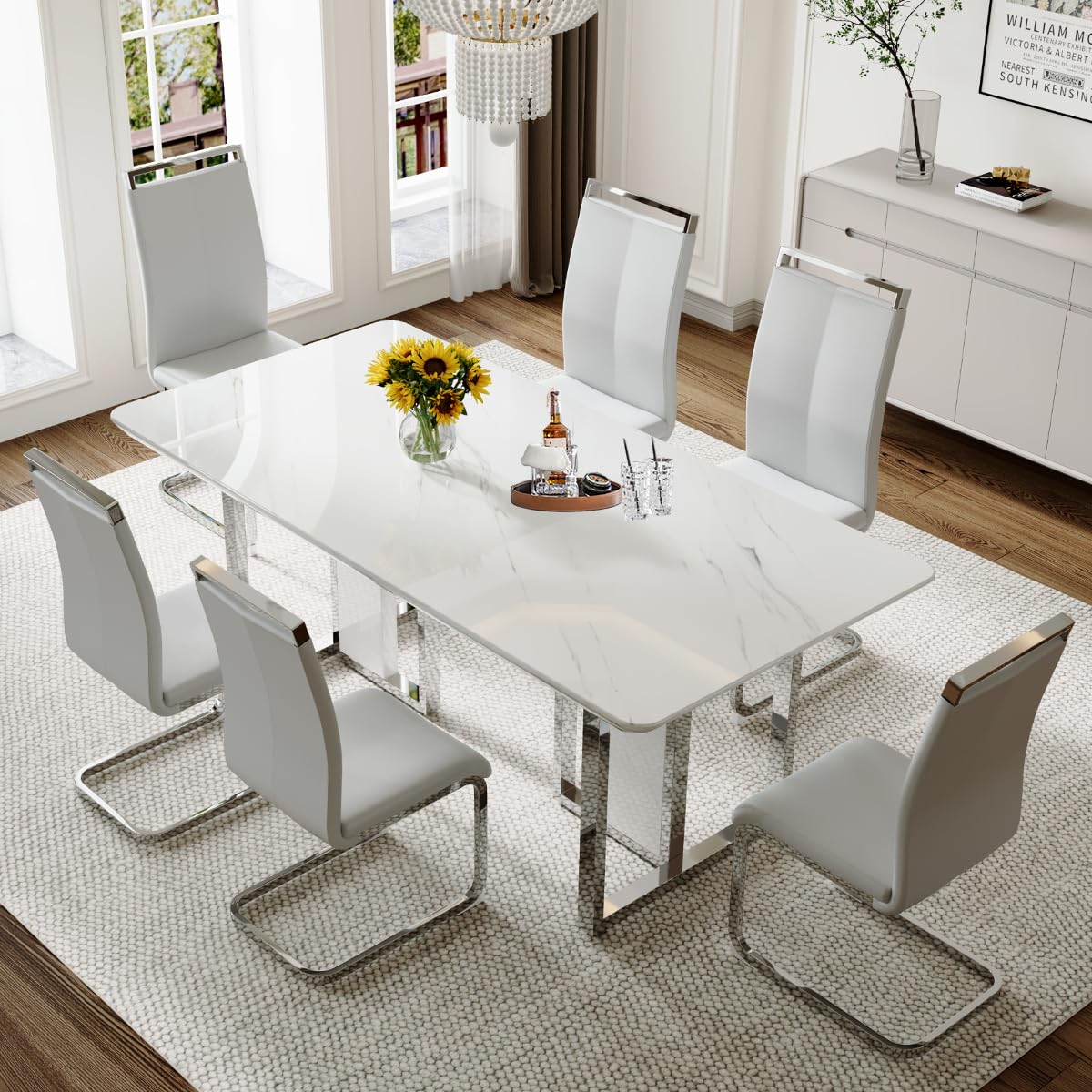 MEMUY Dining Table Set for 6,63" Faux Marble Dining Room Table Set for 6,High Glossy Dining Table Set with Sturdy Chrome Leg,White Kitchen Table and