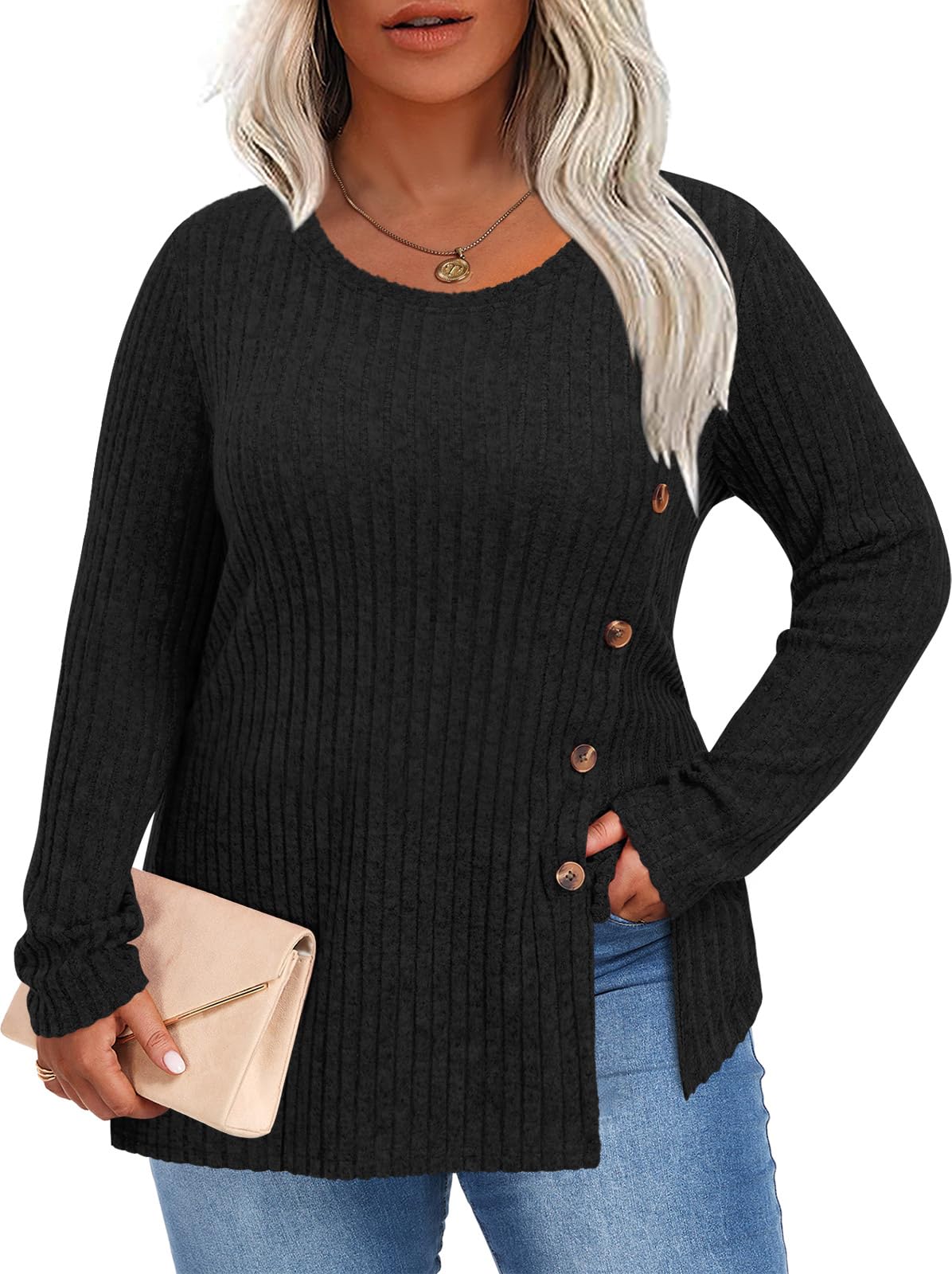 HOTGIFT Womens Plus Size Sweater Tops Long Sleeve Crewneck Casual Tunic Shirts Buttons XL-5XL Blouse Soft Comfy Fashion