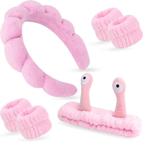 WHAVEL Juego de 6 diademas y pulseras de spa, diadema de tela de rizo, diadema hinchada de maquillaje, diadema para lavado de cara, banda de esponja