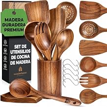 Kitchen Utensils Wood 8 Pieces – Set of Wooden Spatulas and Spoons, with Stand, Spoon Rest and Hooks, Anti-Scratch Kitchen Accessories with Comfortable Grip for Non-Stick Pans