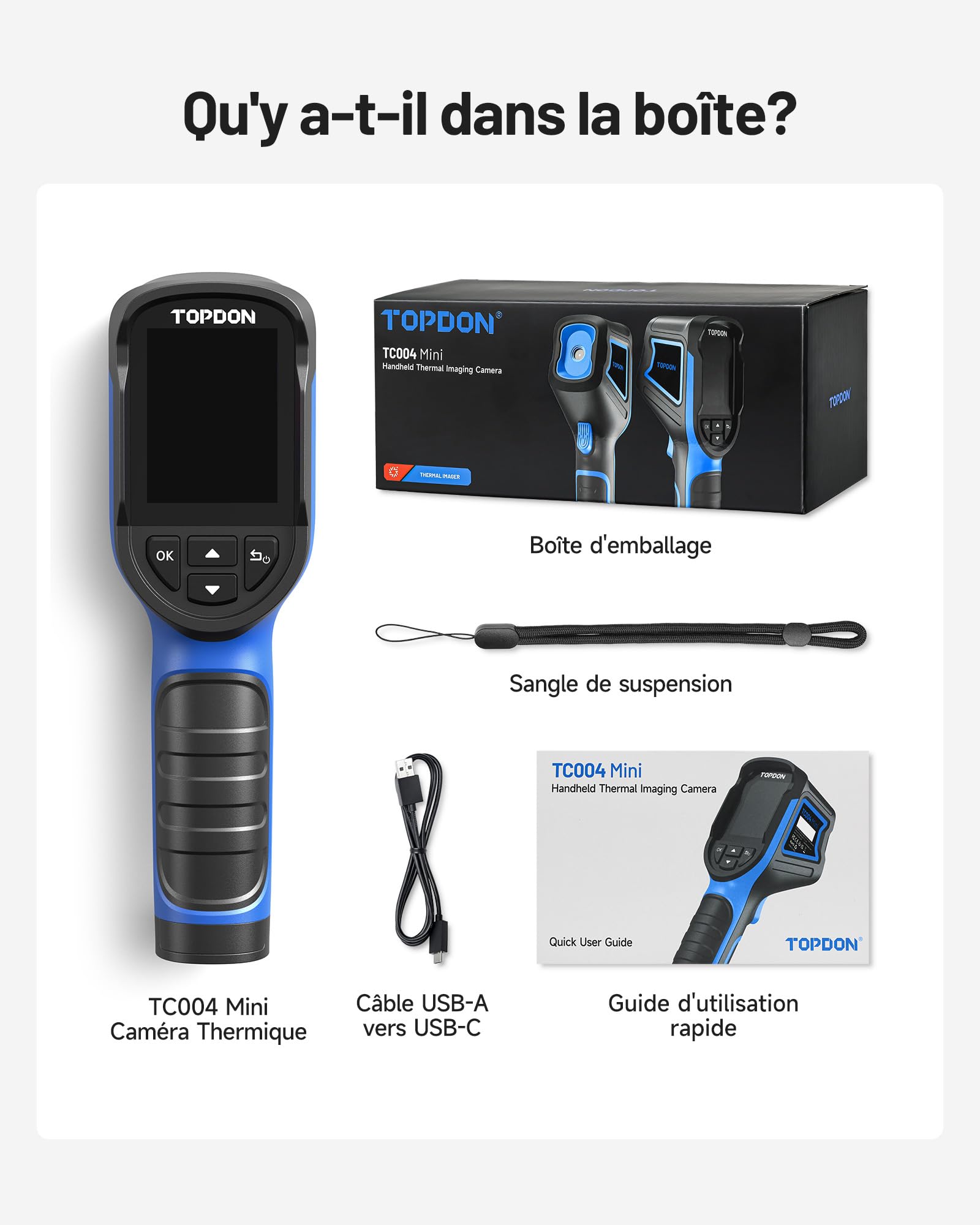 TOPDON Caméra thermique TC004 Mini, Résolution IR 240x240, 15 Heures d'Autonomie, -20°C à 450°C, 25Hz, Alertes de Température Auto, pour l'entretien de la maison, l'inspection des fuites, CVC