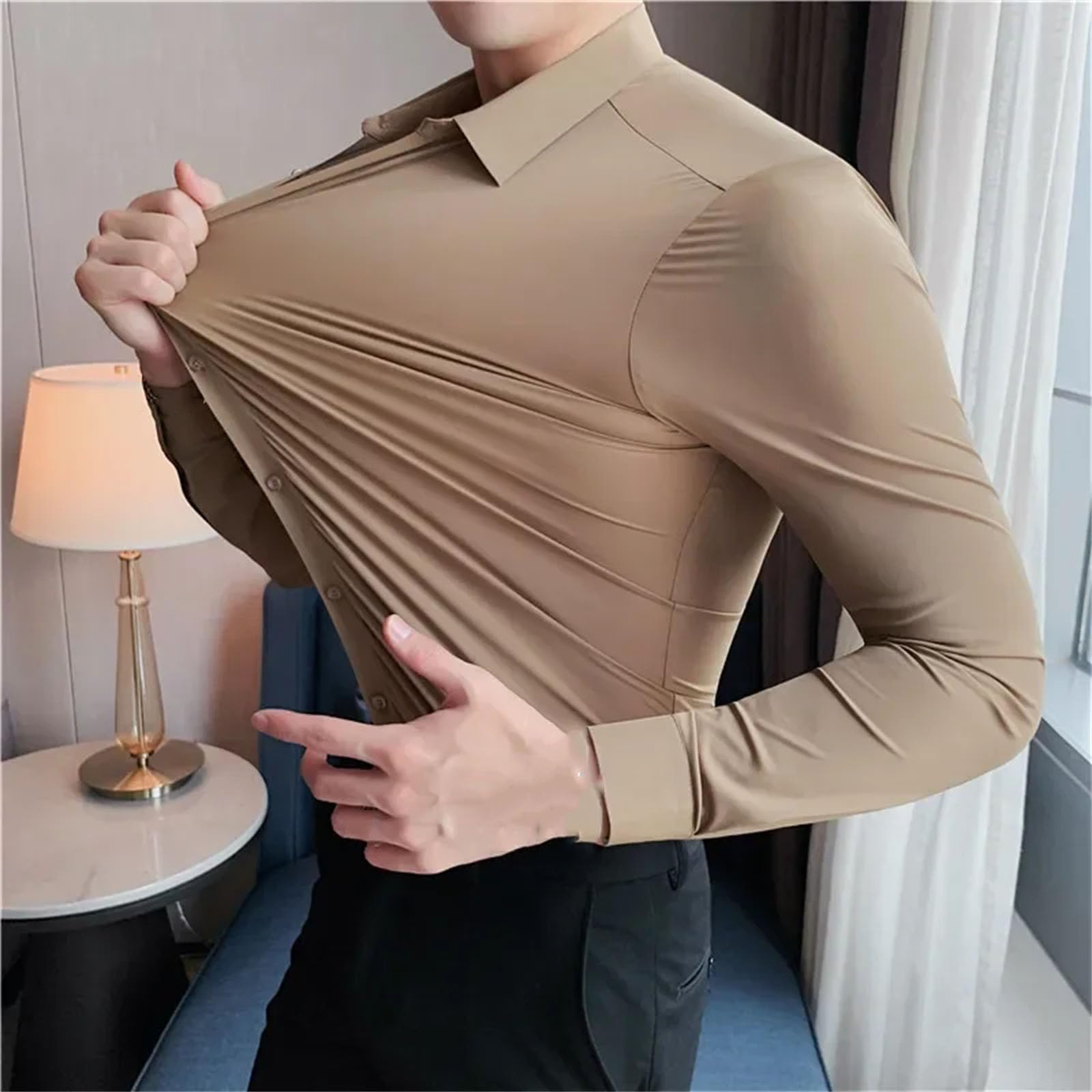 Camisa elástica de manga larga para hombre, no necesita planchado, ropa de trabajo, profesional, cuello alto, color liso