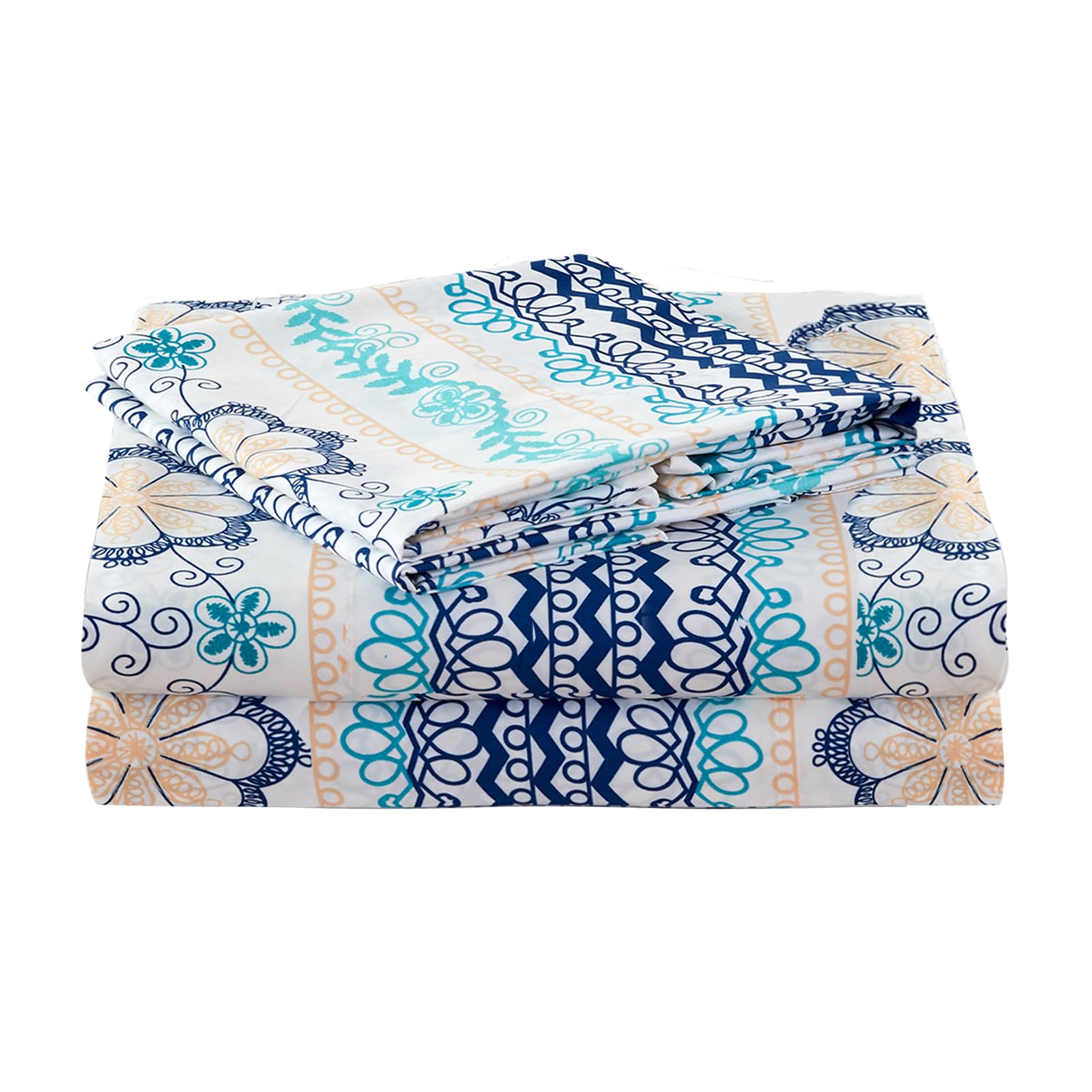 JSD Blue Boho Printed Sheet Set Full Size, 4 Piece Soft Floral Microfiber Sheets Extra Deep Pocket Wrinkle Free