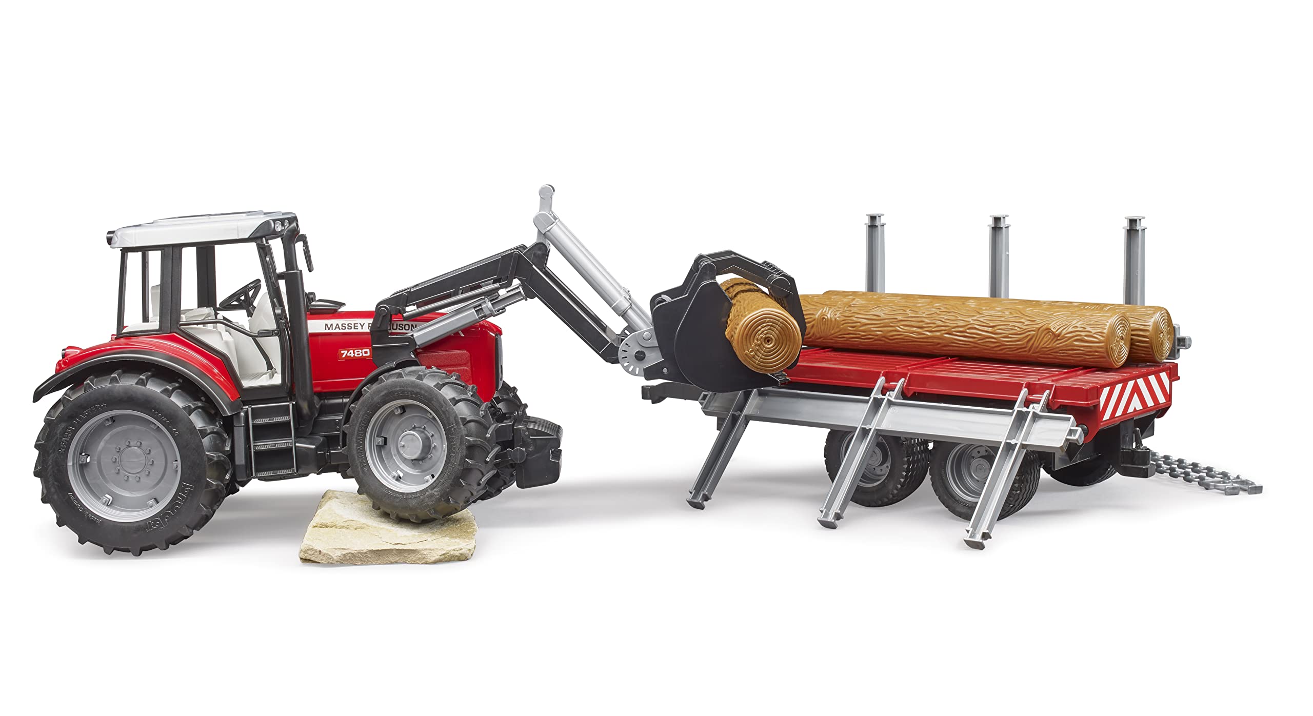 bruder 02046 - Massey Ferguson 7480 mit Frontlader, Holztransportanhänger, 3 Baumstämmen - 1:16 Traktor Trecker Schlepper Transportanhänger Tieflader Landwirtschaft Bauernhof Spielzeug
