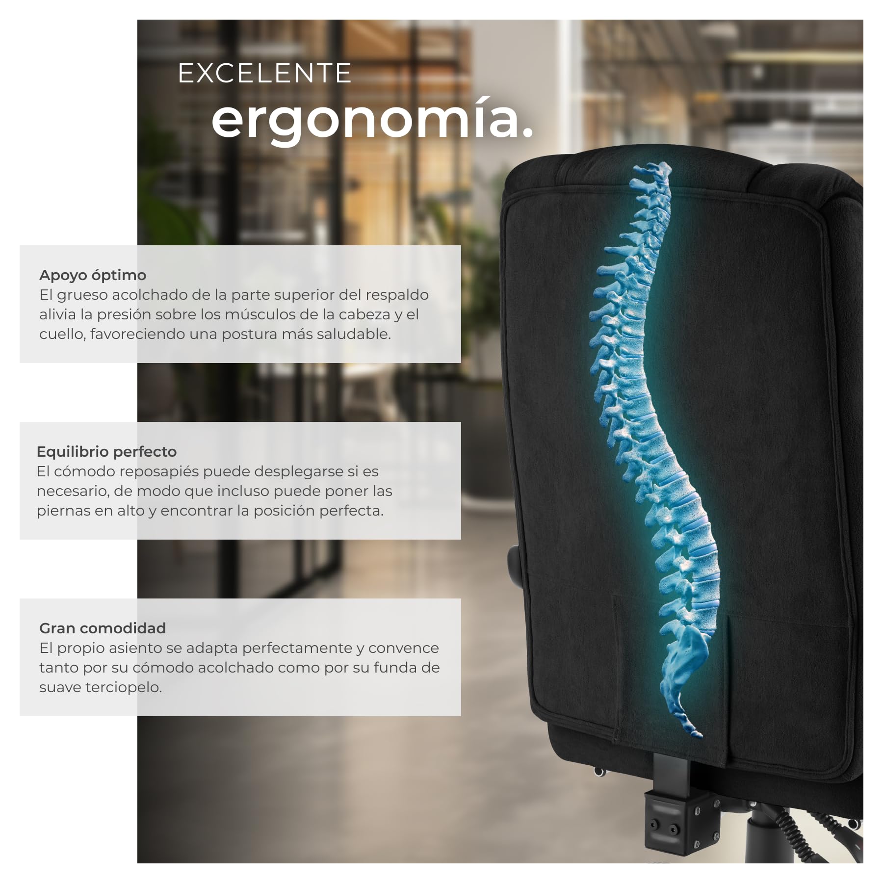 tectake® Silla Oficina Ergonomica con Reposapiés Desplegable, Mobiliario de Oficina, Reposabrazos Ajustables, Sillas Oficina, Sillón, Silla Escritorio, Sillas Escritorio - Negro