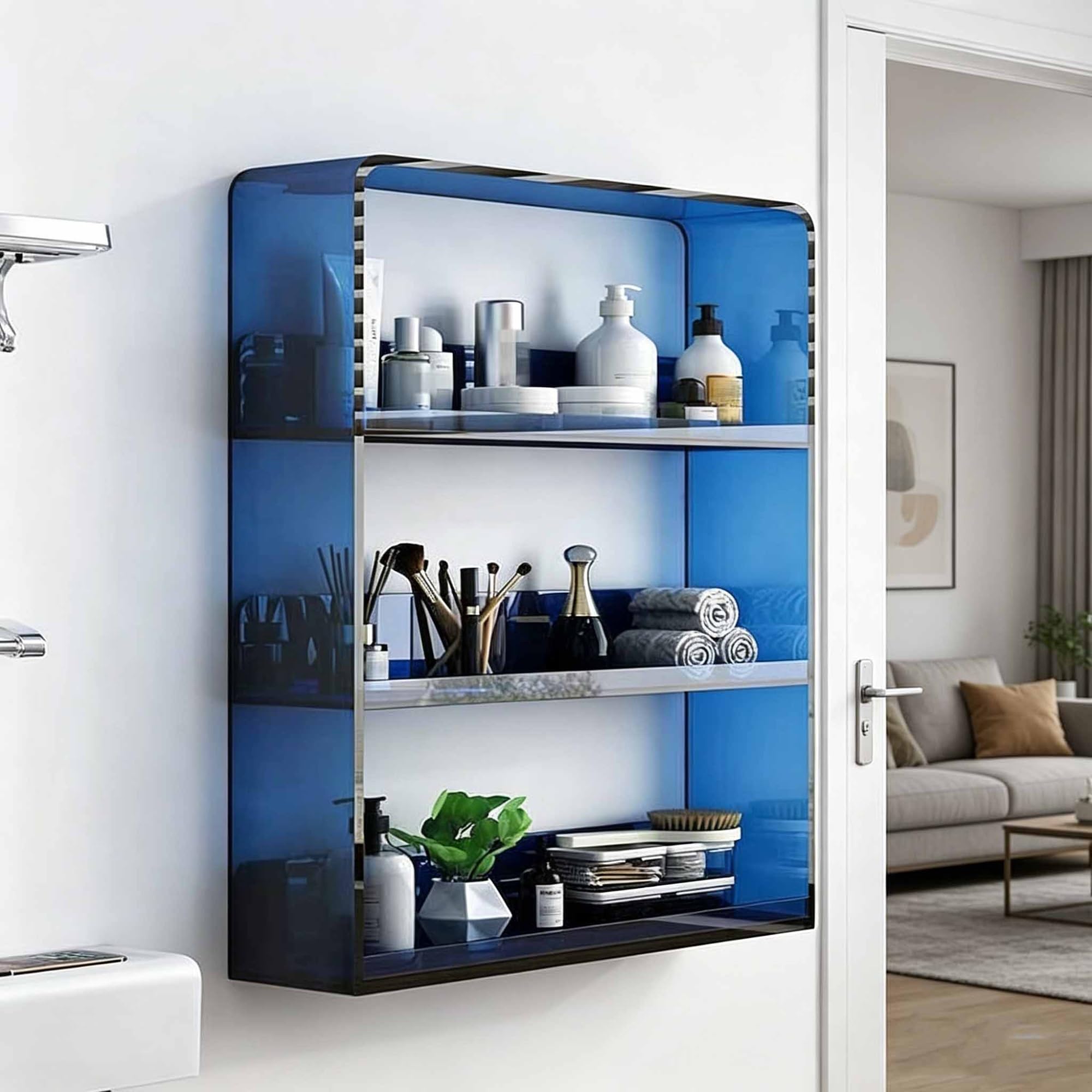 Asiwnshw 3-Tier Acrylic Display Shelf Wall Mounted, Acrylic Invisible Floating Shelves, Nail Polish Rack for Apartment, Bathroom, Living Room and Bedroom(Blue)