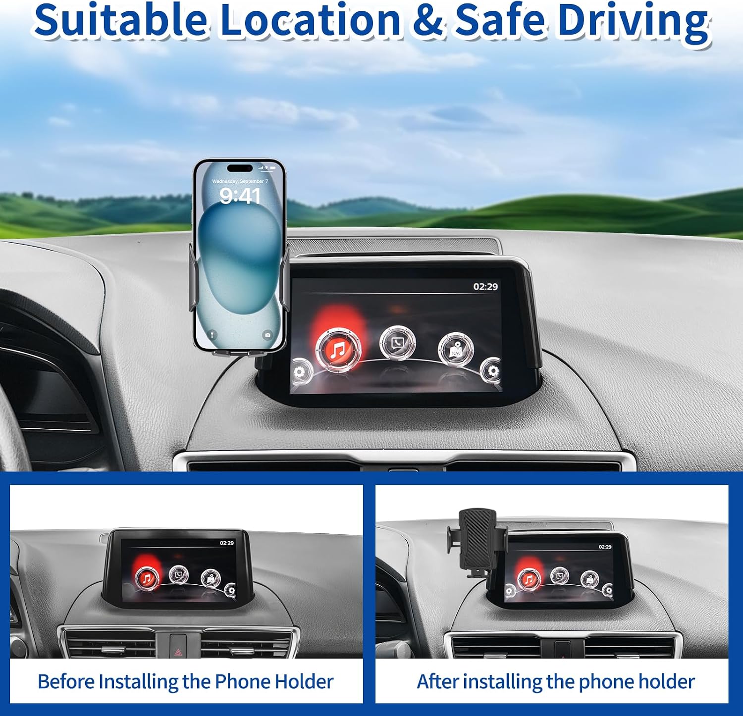 Car Phone Holder for 2017 2018 2019 Mazda 3（7 inch Screen），for Smartphone Cradle Auto Accessories Bracket Anti-Shake，360 Degree Rotation，for All Cell Phones