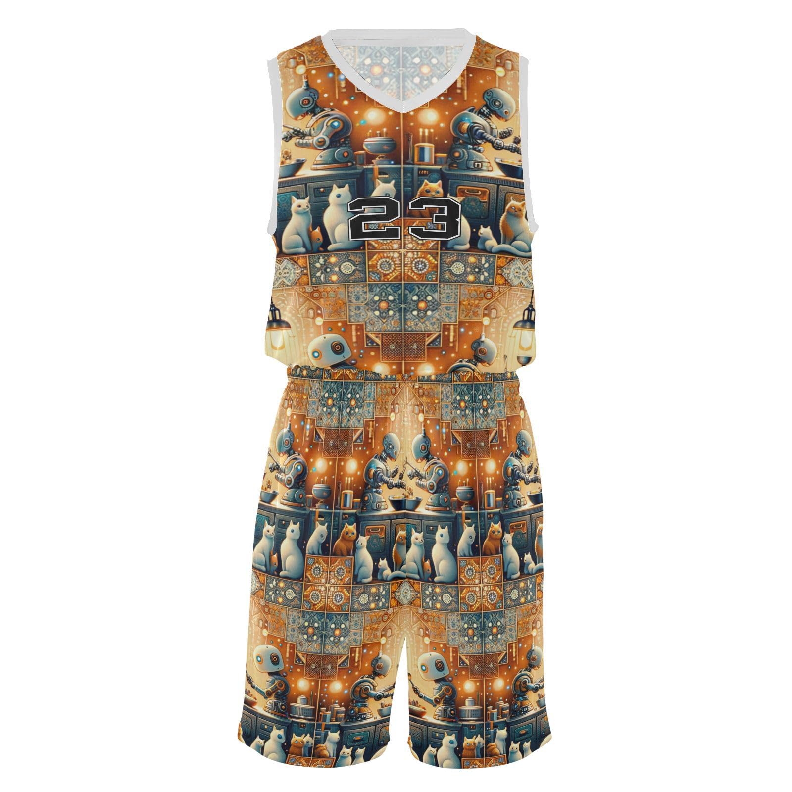 FLildon Ethnic Robots Cooking with Cats Boys Basketball Jersey Set Tank Top Shorts Tracksuit Sport Training Suit for Kids, XL