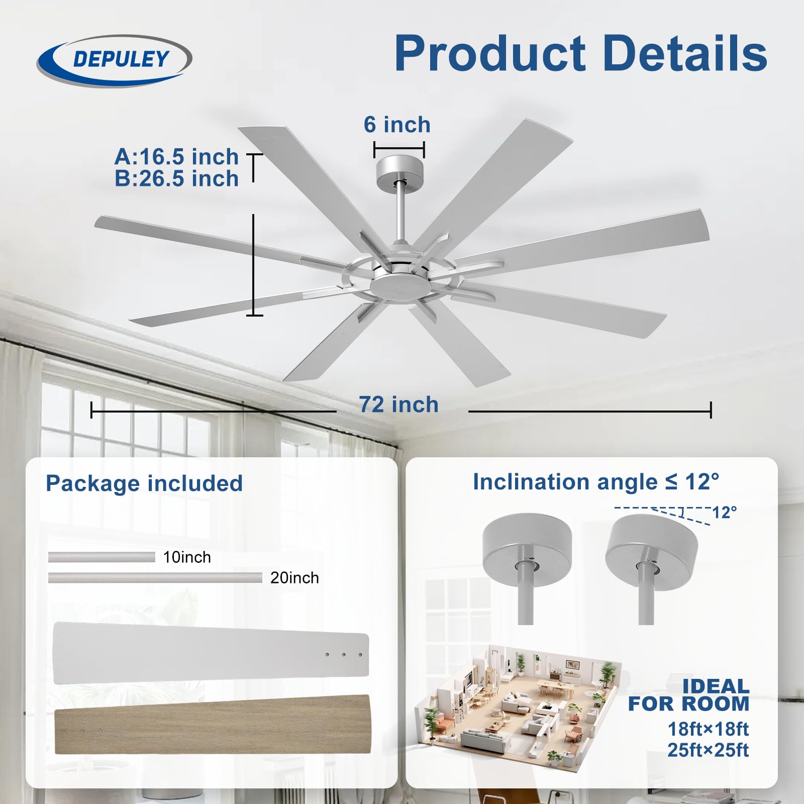 Depuley Grande ventilatore da soffitto senza illuminazione: Ventilatore da soffitto da esterno da 72 pollici a 8 pale con telecomando - Grande ventilatore in nichel spazzolato senza illuminazione