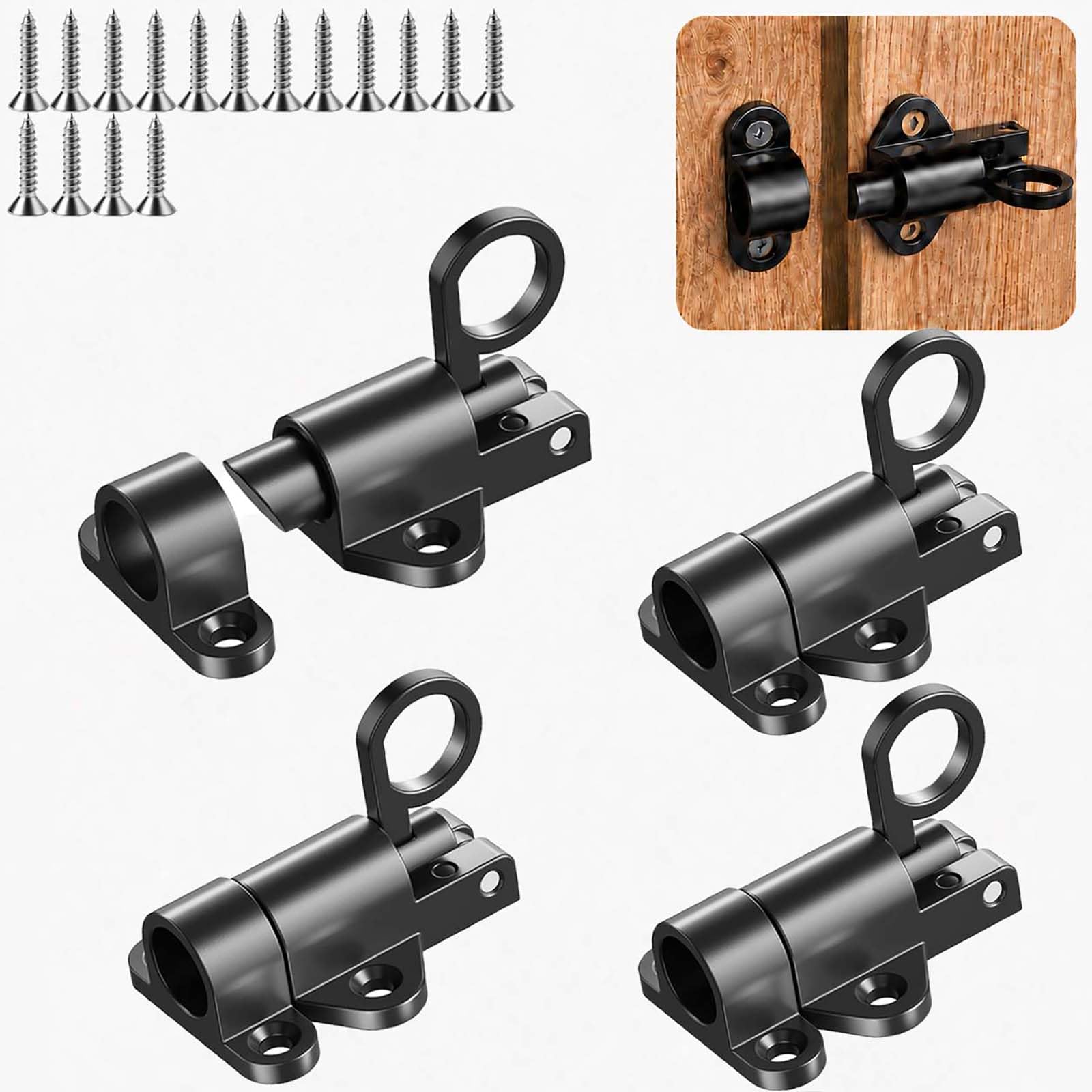 LMSAWK 4 Pcs Door Bolt Spring Latch, Automatic Sliding Bolt Latch with Screws for Sliding Doors, Garden Gates, Windows, Fences, Indoor and Outdoor Use, Black