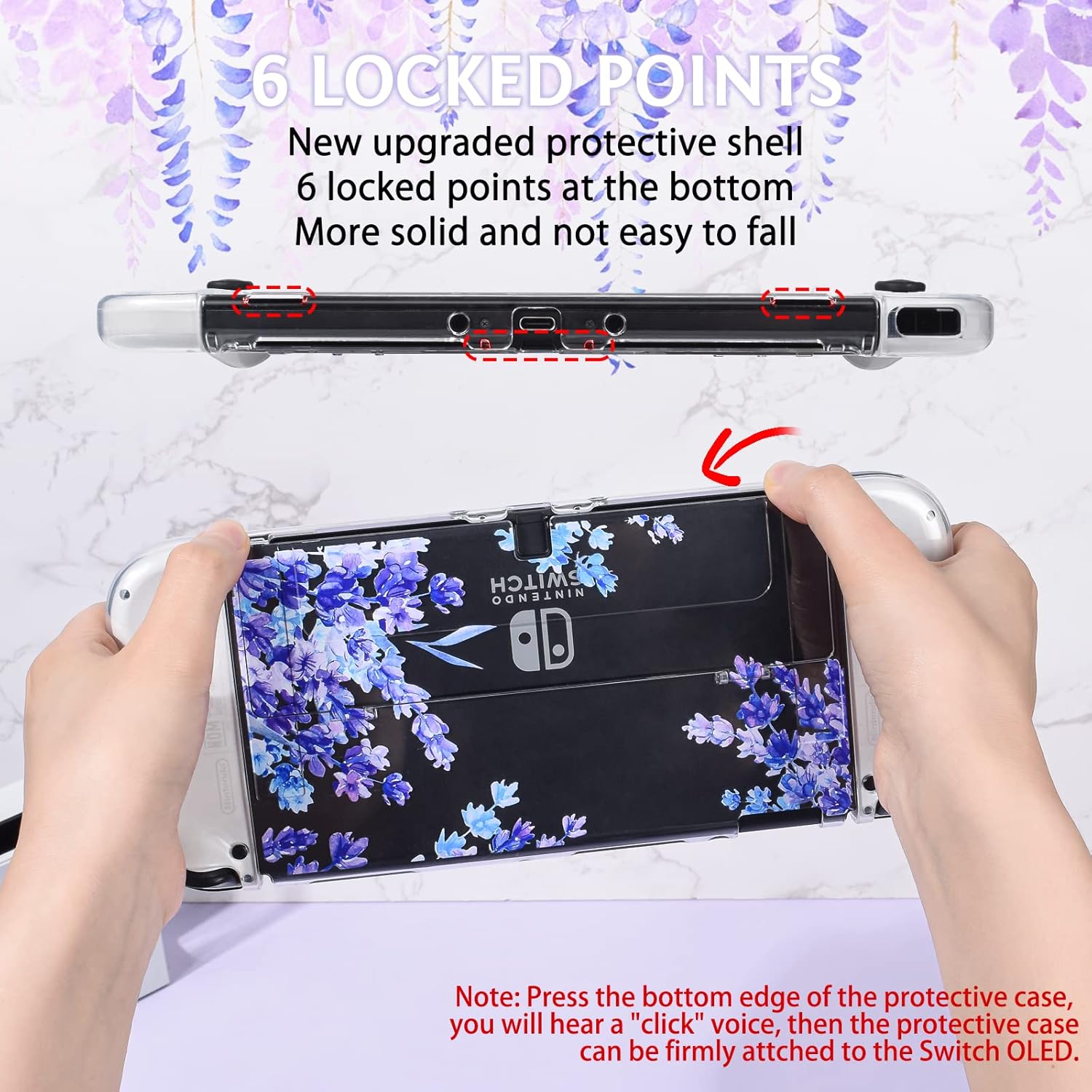 DLseego Floral Flower Case for Nintendo Switch OLED with Cute Purple Lavender Pattern for Women Girls, Anti-Scratch Dockable Clear Hard Shell Soft Shock-Absorption TPU Joy Con Cover - Image 2