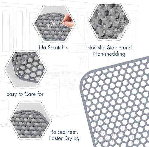 Miniatura 240 de Paquete de 2 tapetes de silicona para fregadero de 13.58 x 11.6 pulgadas, protectores para fregadero de cocina con drenaje central, rejilla Gris