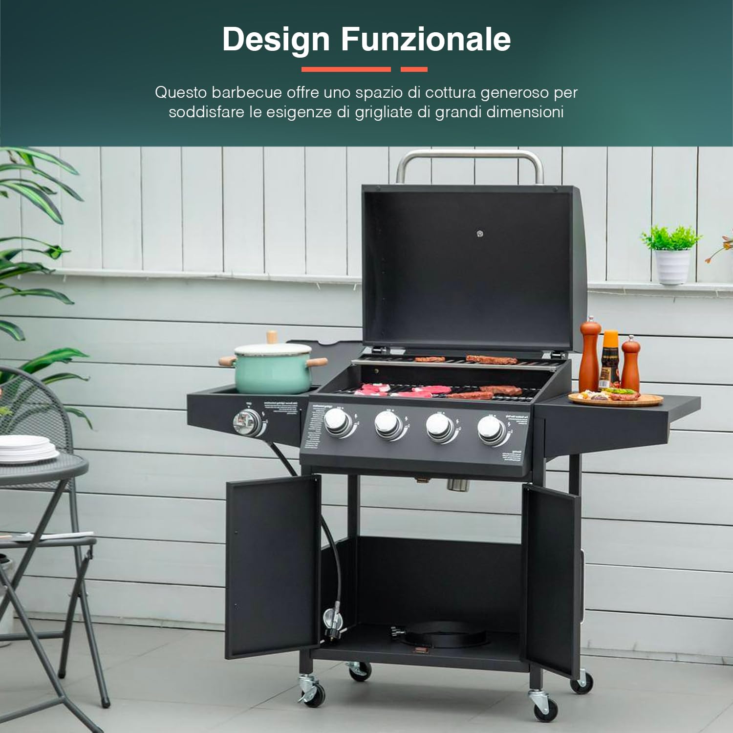 Avilia BBQ Gas 4 Bruciatori, Fornello Laterale, Doppia Griglia, Termometro Integrato e 4 ruote, in Acciaio Lucido Ideale per Giardini e Terrazzi, 136x53x105.5cm, Nero