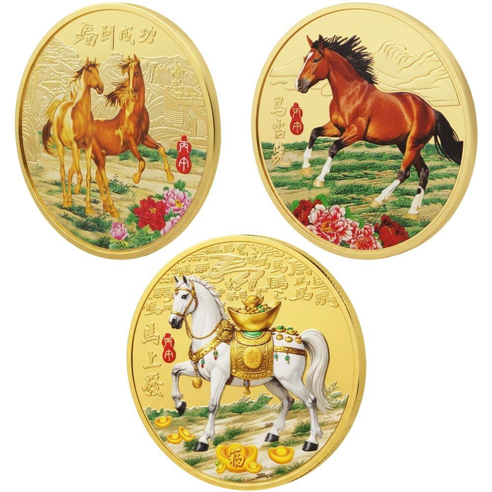 Fituenly 3Pcs Chinese New Year Horse Blessing Challenge Coin Horse To Success Commemorative Coin Lucky Animal Horse Collectible Coins