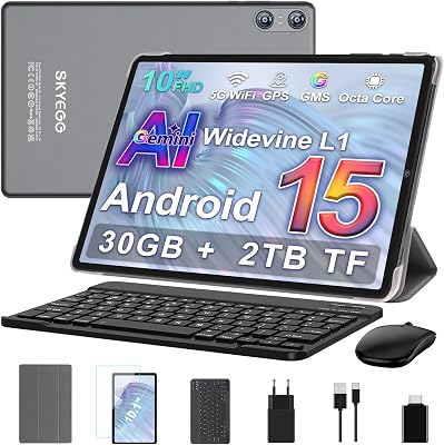 Tablet 10 Pulgadas Android 15 con Gemini AI, 30 GB RAM + Ampliable 2 TB ROM, Widevine L1, WiFi 5G, Batería 6000 mAh, con Teclado, Ratón y Funda para Estudio, Trabajo y Entretenimiento – Gris
