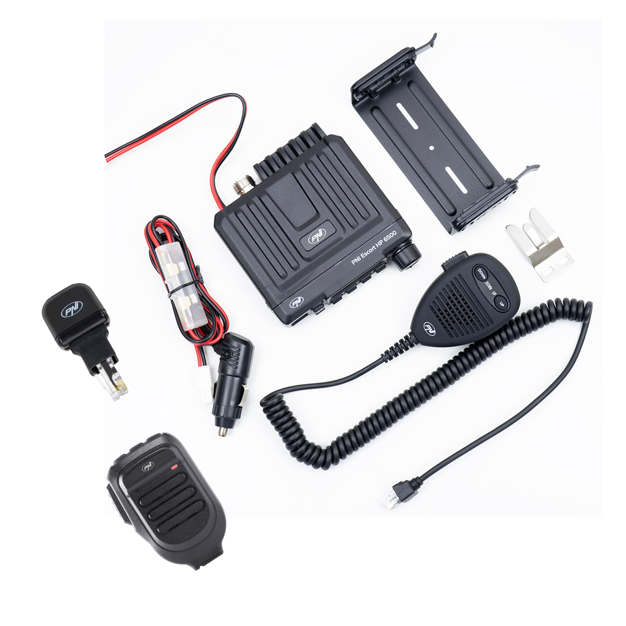 CB radio PNI Escort HP 6500 Multistandard, 4 W, AM/FM, 12 V, ASQ + wzmacniacz RX/TX KL203P, AM/FM/SSB, 100 W, 12 V i kabel PNI R50