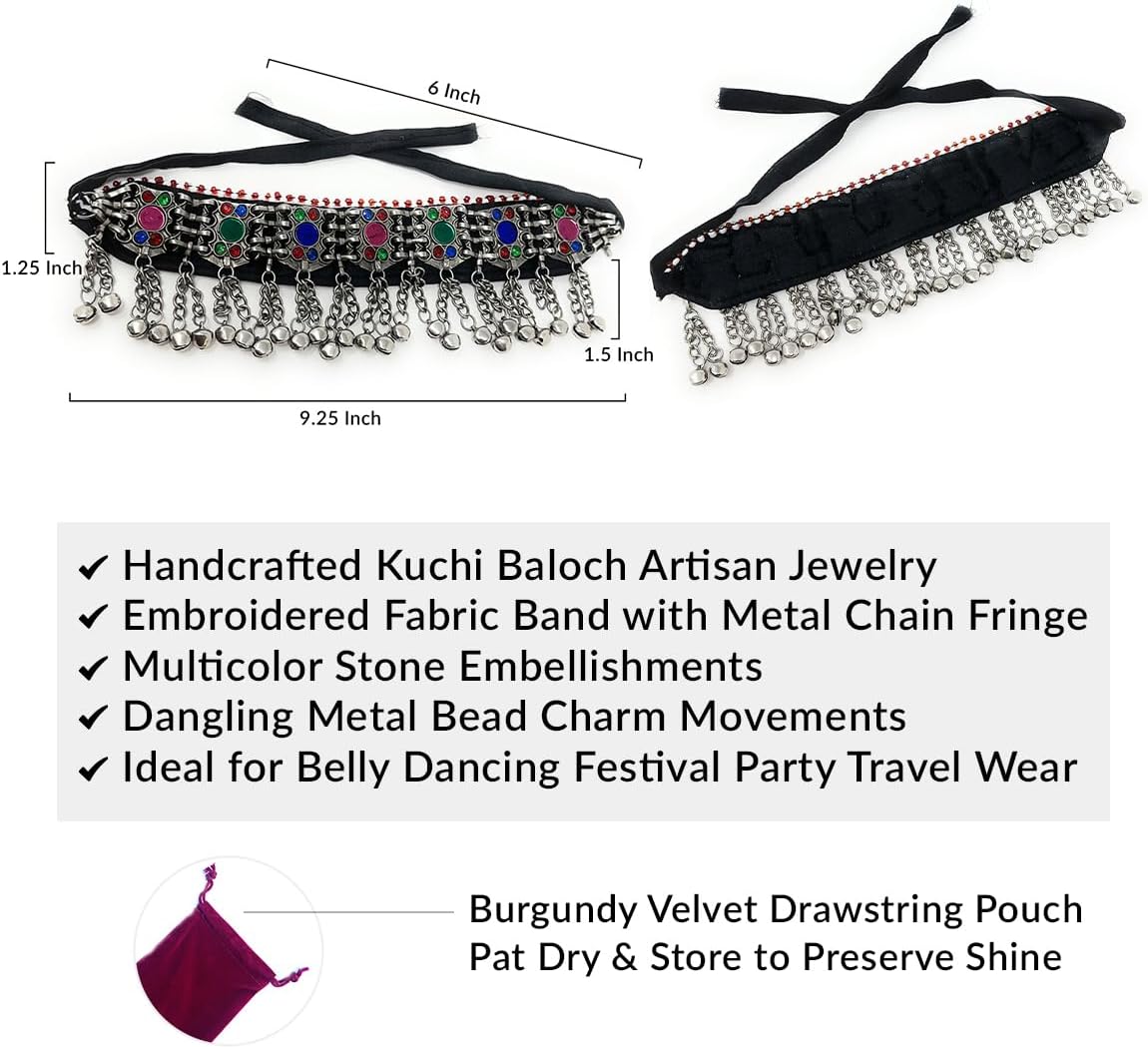 Duel On Jewel Women’s Afghan Tribal Choker Necklace, Antique Oxidized Metal with Multicolor Glass Beads, Engraved Coins, and Dangling Metal Bead Charms, Bohemian Belly Dance Indian Festival Jewelry
