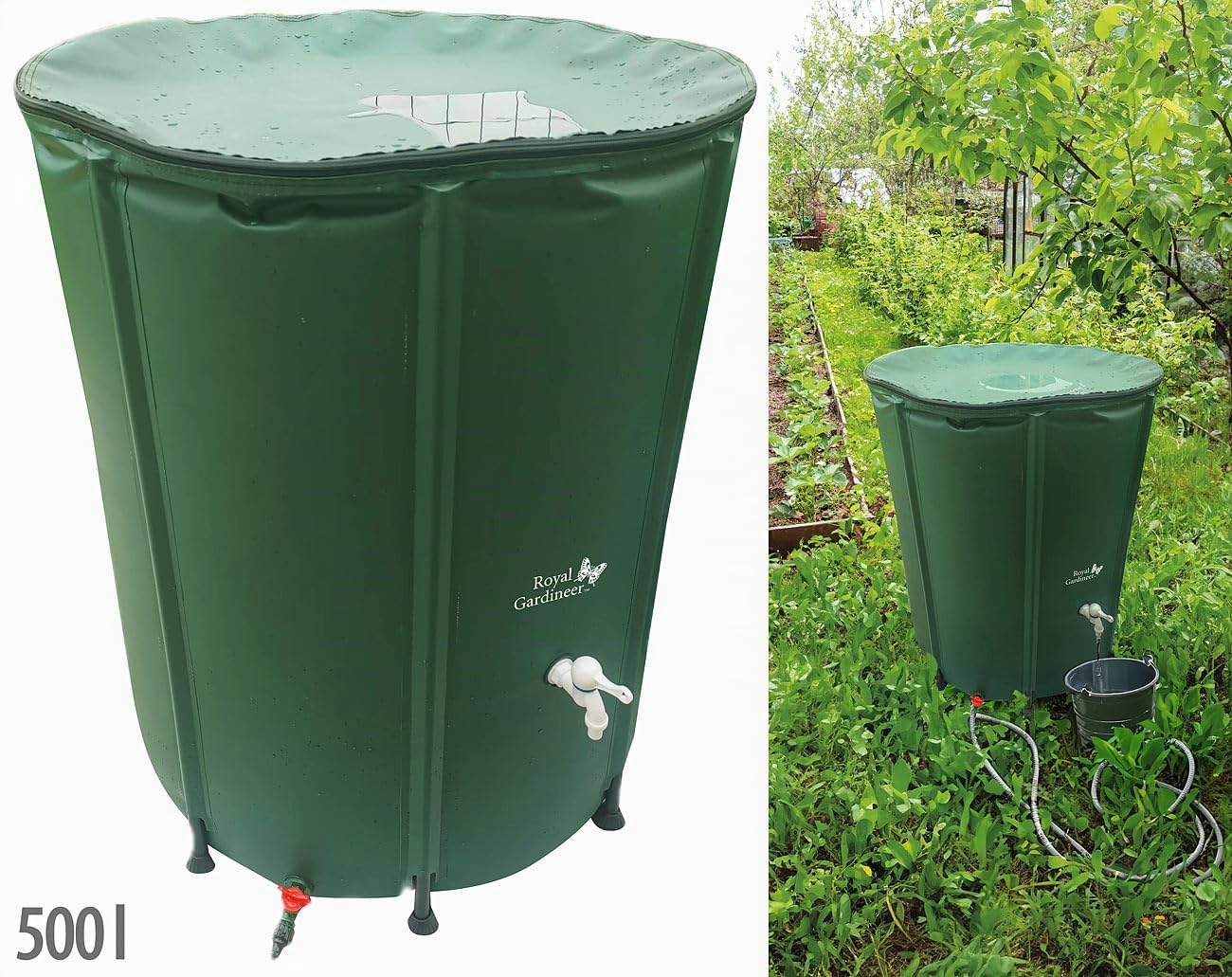 Royal Gardineer Wassertonne: Faltbare Regentonne mit Deckel, 500 l, 620 GSM-PVC, Schlauchanschluss (Regensammler, Gartenfäßer, Gartenschlauch)