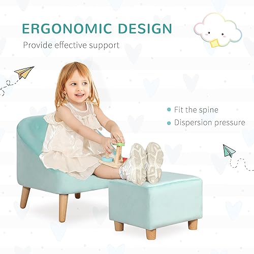 Miniatura 4 de Qaba Juego de sofá para niños, silla infantil, sofá y otomana para dormitorio, sala de juegos, sofá infantil para niños de 3 a 5 años, color azul