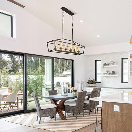 Miniatura 6 de Iluminación negra para isla de cocina, 6 luces, moderna casa de campo, comedor, lámpara de araña lineal rectangular con pantalla de vidrio sembrado