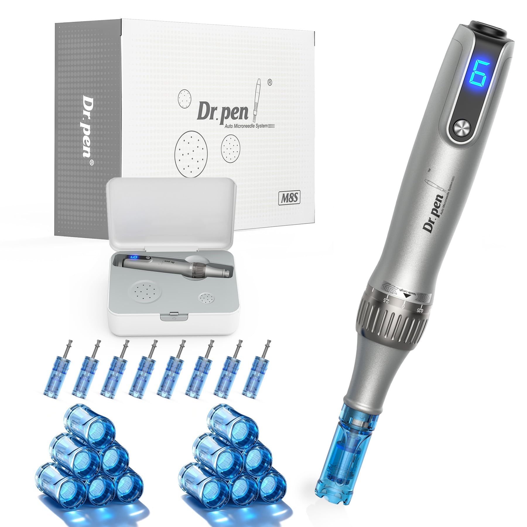 Dr. pen Ultima M8S Microneedling Pen, Stylo de Microneedling Professionnel Sans Fil avec 20 Cartouches, 6 Vitesses Réglables et Affichage LED, pour la Croissance du Visage, Corps, Cheveux