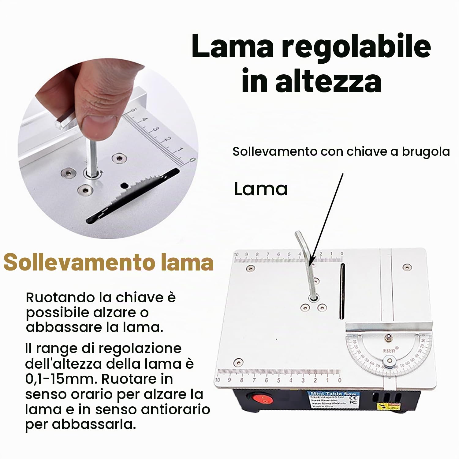 Mini Sega Circolare da Tavolo，Banco Sega Circolare per Legno con Lama Regolabile da 0,1-15mm e Aletta di Sicurezza，Sega Elettrica da Tavolo di Precisione Regolabile con Alimentazione 7 Velocità