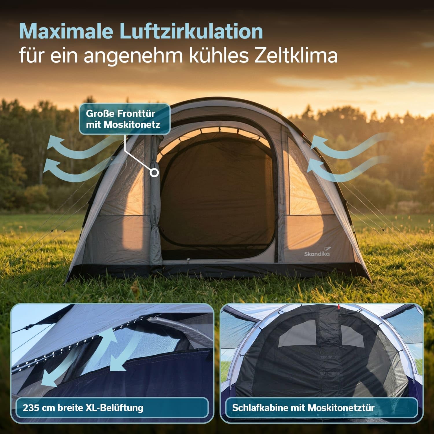 Skandika Isken 5 Protect, tenda da campeggio per 5 persone, finestra con zanzariera, fondo cucito, impermeabile, colonna d'acqua 3000 mm, con baldacchino, tenda per campeggio, festival, all'aperto