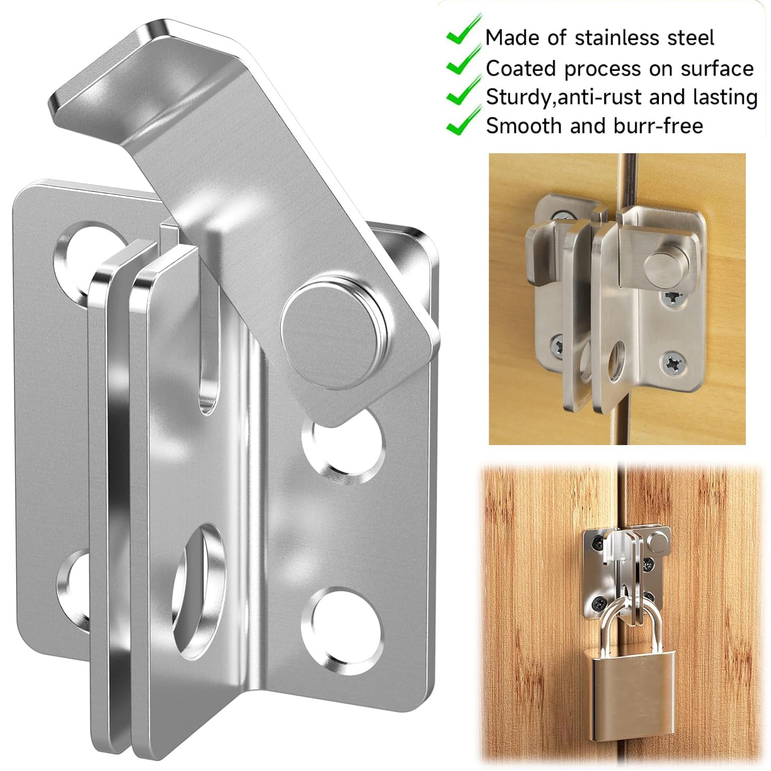 Chiavistello per porta con serratura in acciaio inox con lucchetto, foro di chiusura della porta, per porte in legno, armadio da giardino, aperto a destra (Argento, L: 52 x 62)