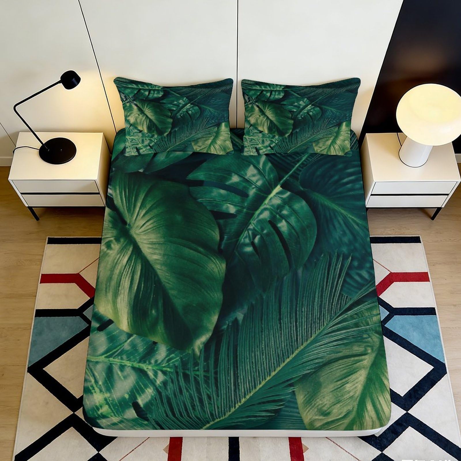 3D Printed Tropical Leaf Fitted Sheet Microfiber Anti-Slip Green Jungle Mattress Cover Machine Washable for Bedroom 140x200x25cm