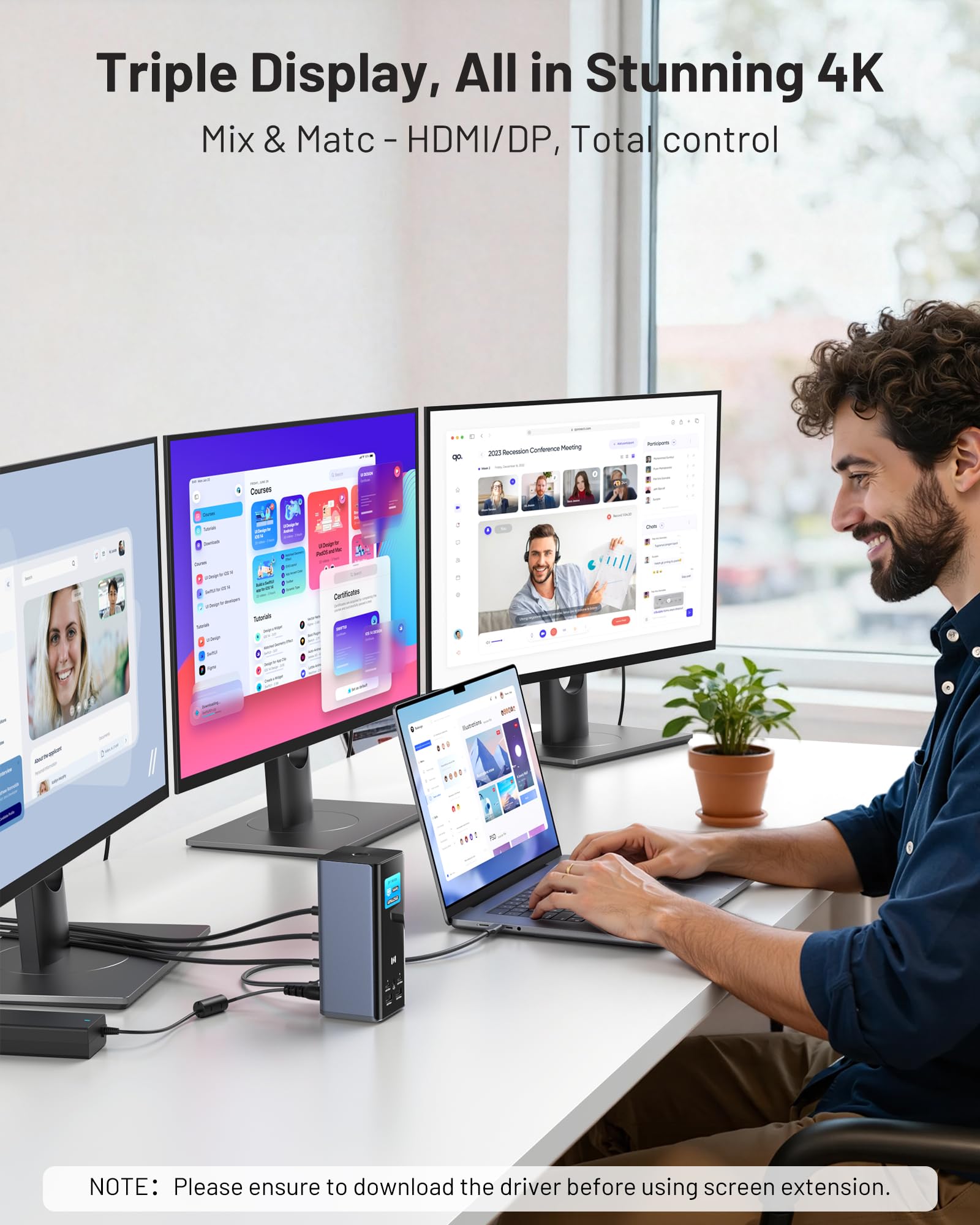 Selore Stacja dokująca USB C, 18 w 1, do 3 monitorów z 3 HDMI, Dual DP, 10 Gbit/s USB A/C, Gigabit Ethernet, SD/TF, audio, inteligentny wyświetlacz, moc 150 W DC do laptopa