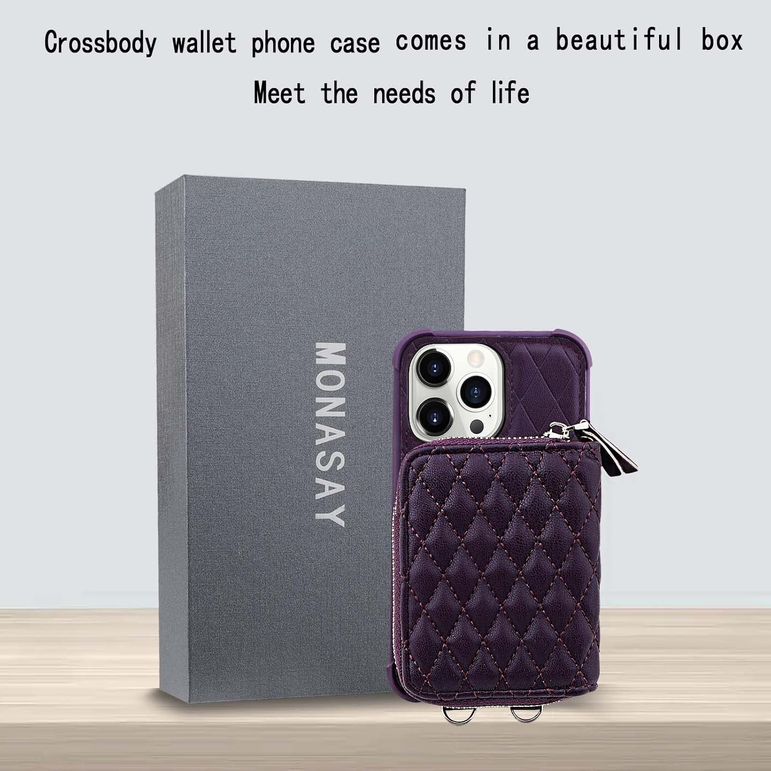 MONASAY Zipper Wallet Case Fit for iPhone 14 Pro Max, 6.7in [Glass Screen Protector ][RFID Blocking] Flip Leather Handbag Phone Cover with Card Holder and Crossbody Lanyard Strap, Purple