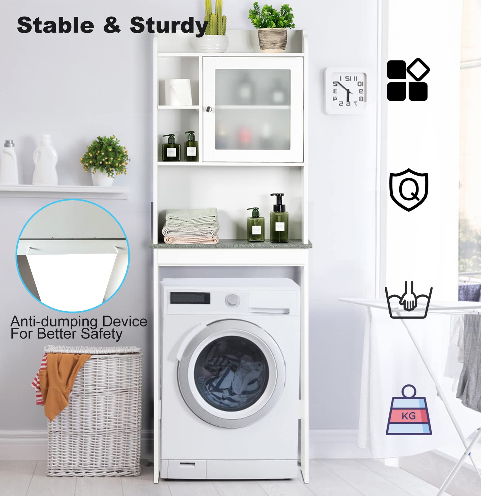 LIFEZEAL Armario para el Inodoro, Organizador sobre WC con Puerta de Cristal Satinado Templado con 4 estantes, Armario de baño Que Ahorra Espacio, 59,5 x 19 x 173cm