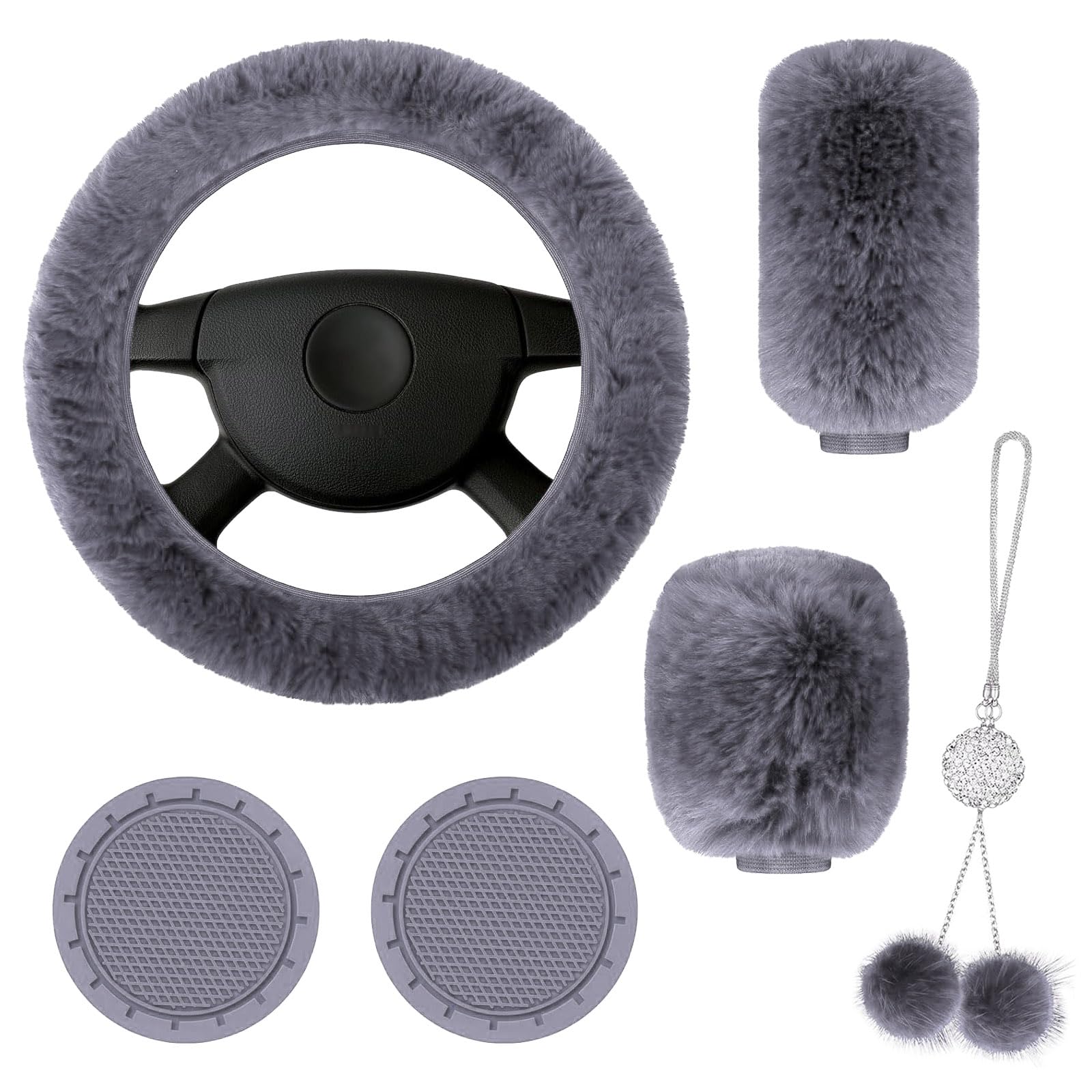 Hawyet 6 PCS Car Accessories Set, 14.9In Soft Anti-Slip Steering Wheel Cover, 2 PCS Cup Pads, Bling Car Interior Rearview Mirror Decorative Chain, 2 PCS Fluffy Gear Shift Handbrake Cover (Gray)