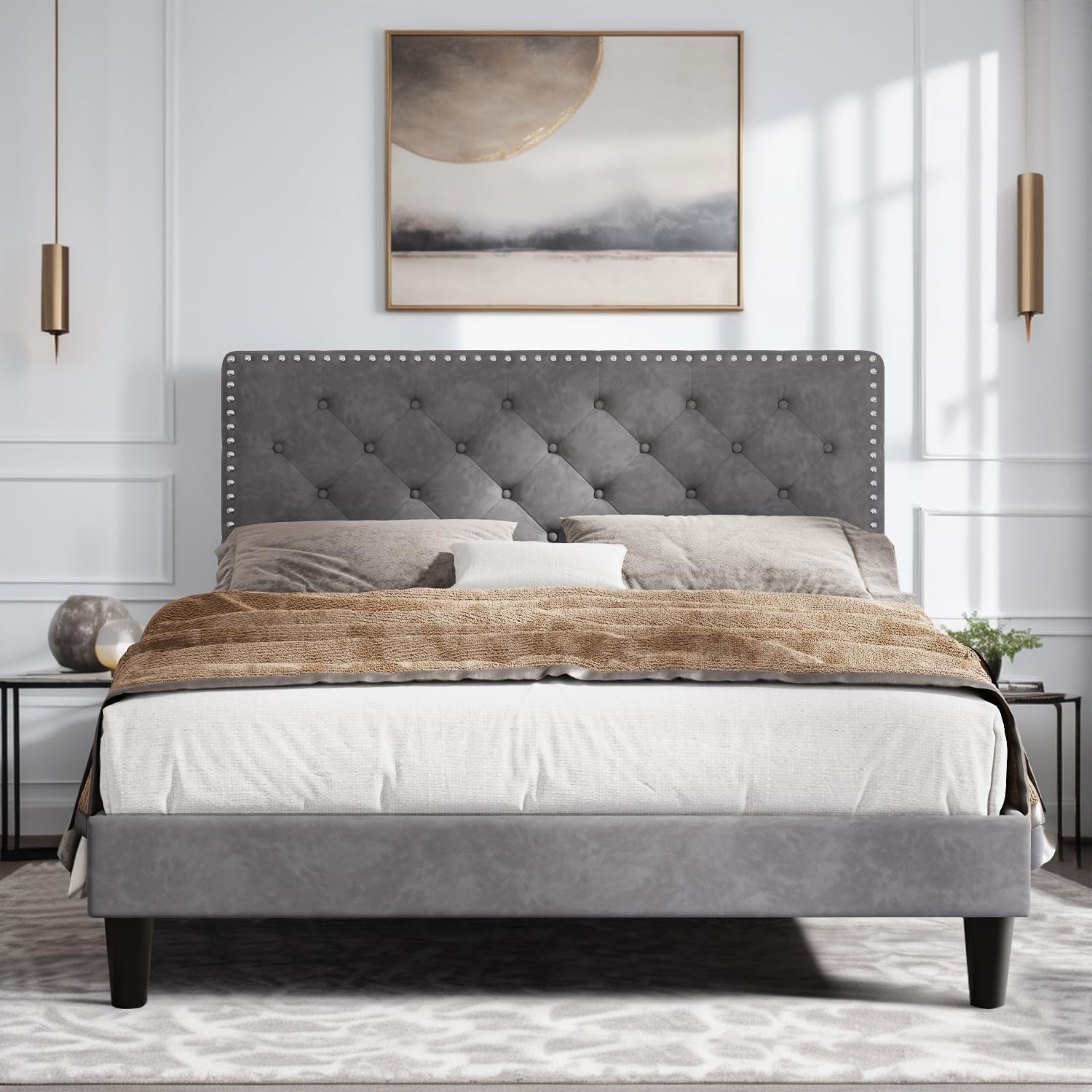 Amazon.com: Catrimown Full Size Bed Frame, Velvet Upholstered Bed Frame ...