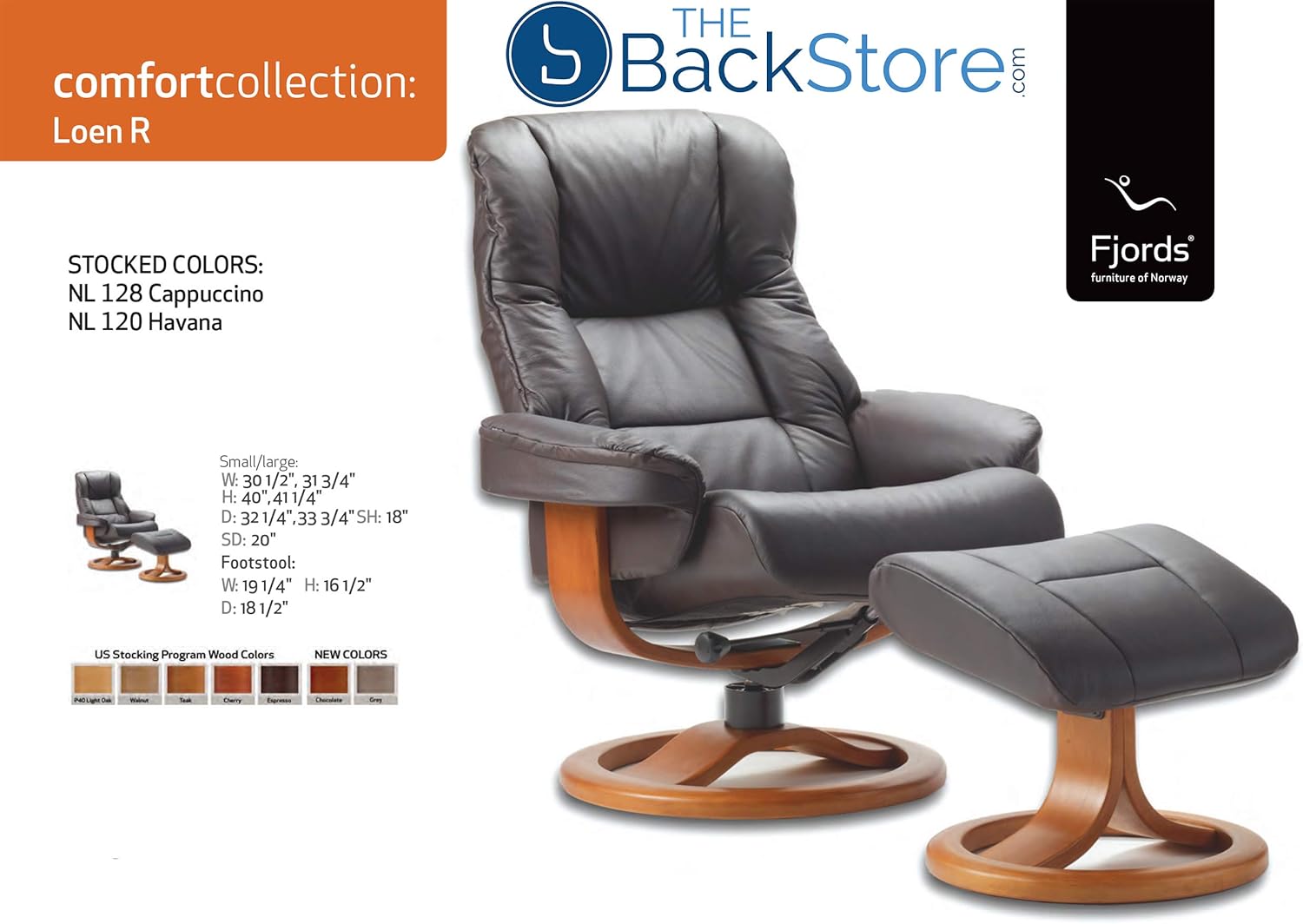 Diagram illustrating the dimensions of the Fjords 855 Loen Recliner and Ottoman.