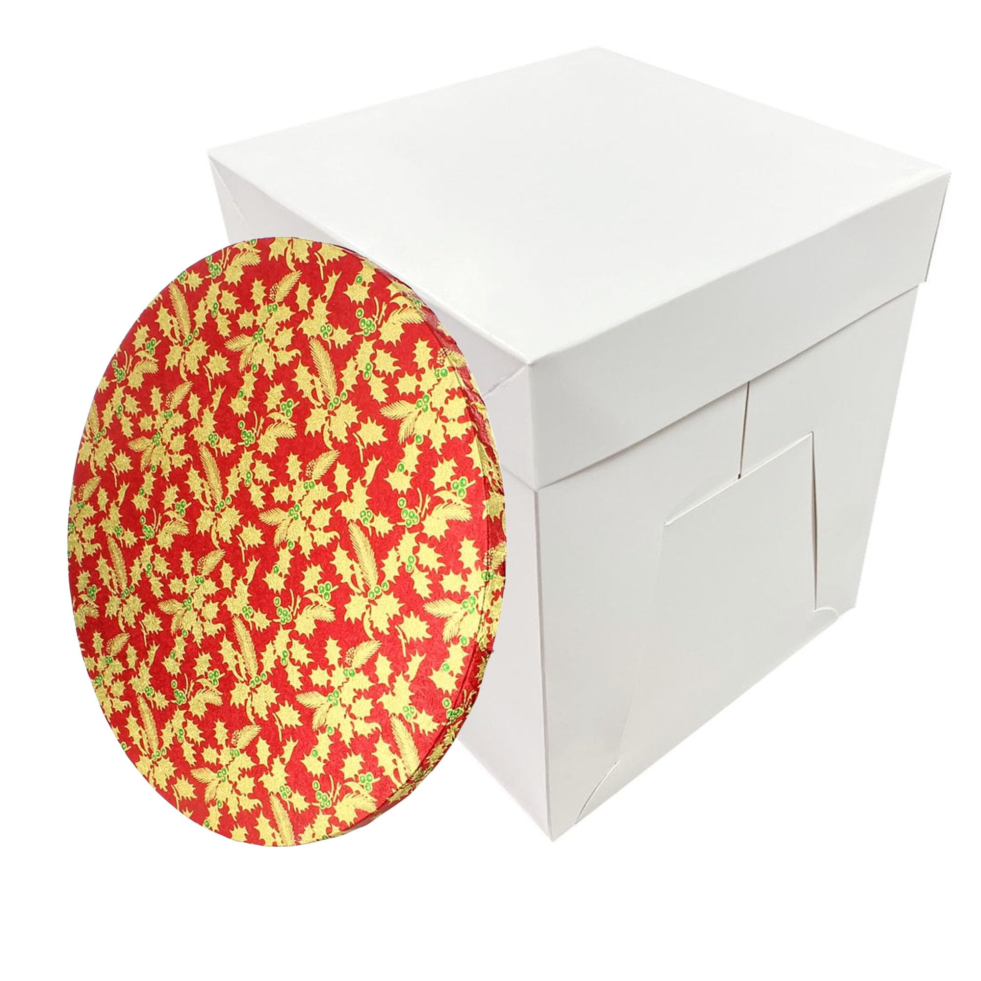 Larryroo Red Tall White Cake Box Extra Deep & Festive Round Christmas Cake Drum Board Combo For High Celebration Xmas Cakes (, 10 Inch)