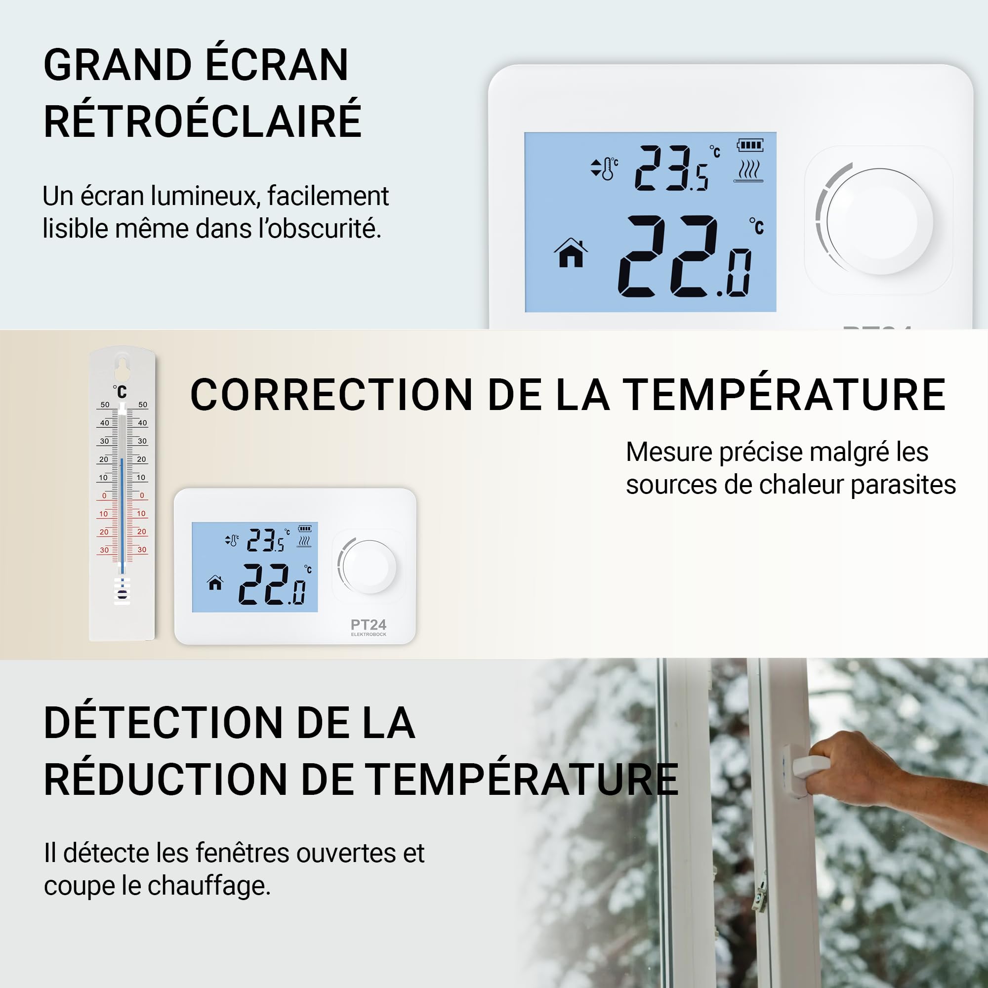 Elektrobock PT24 Thermostat ambiant avec affichage LCD | Thermostat mural adapté à tous les types de chaudières | Fonctionne sur piles (2X AAA) | Aucune programmation nécessaire | Protection contre le