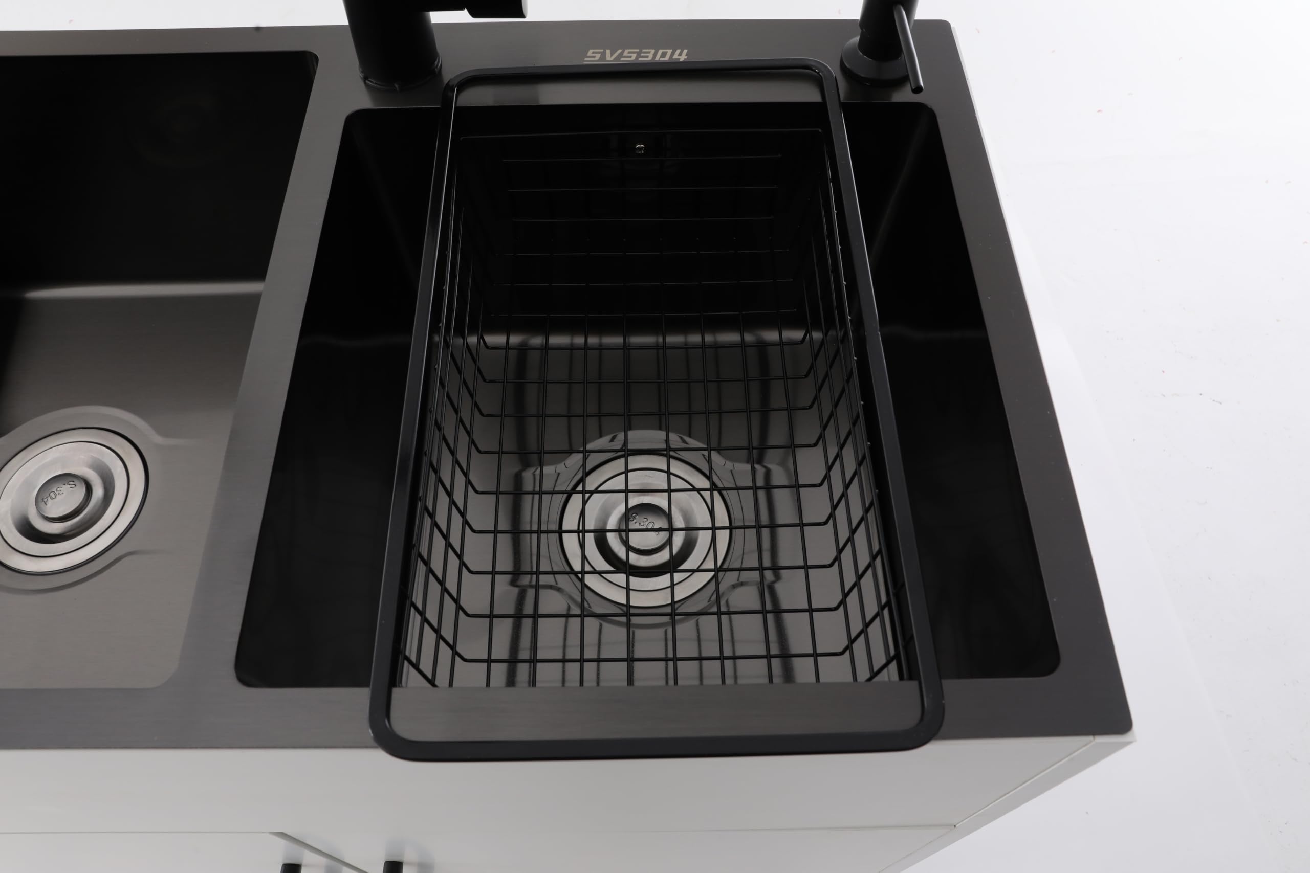 Lavello da cucina autoportante con mobiletto e rubinetto, lavello in acciaio inox con 2 vasche, scolapiatti e unità di scarico, per cucina, giardino, officina, lavanderia, campeggio (bianco)