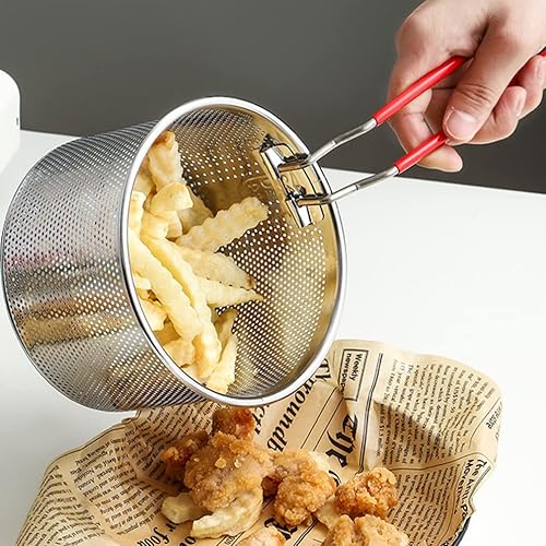 Miniatura 2 de CALLARON Cesta redonda de acero inoxidable para freír de malla de alambre francés, cestas de freír de red para servir alimentos, vajilla con asa