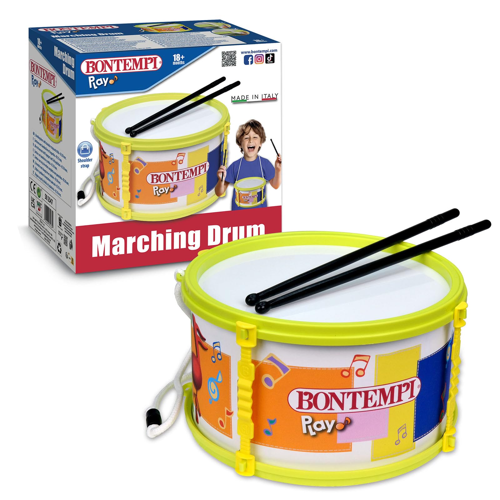Bontempi | BeatMaster - Tamburo e Bacchette di 20cm per un'Esperienza Ritmica Completa, Giallo, 21,5x21,5x11,5 cm