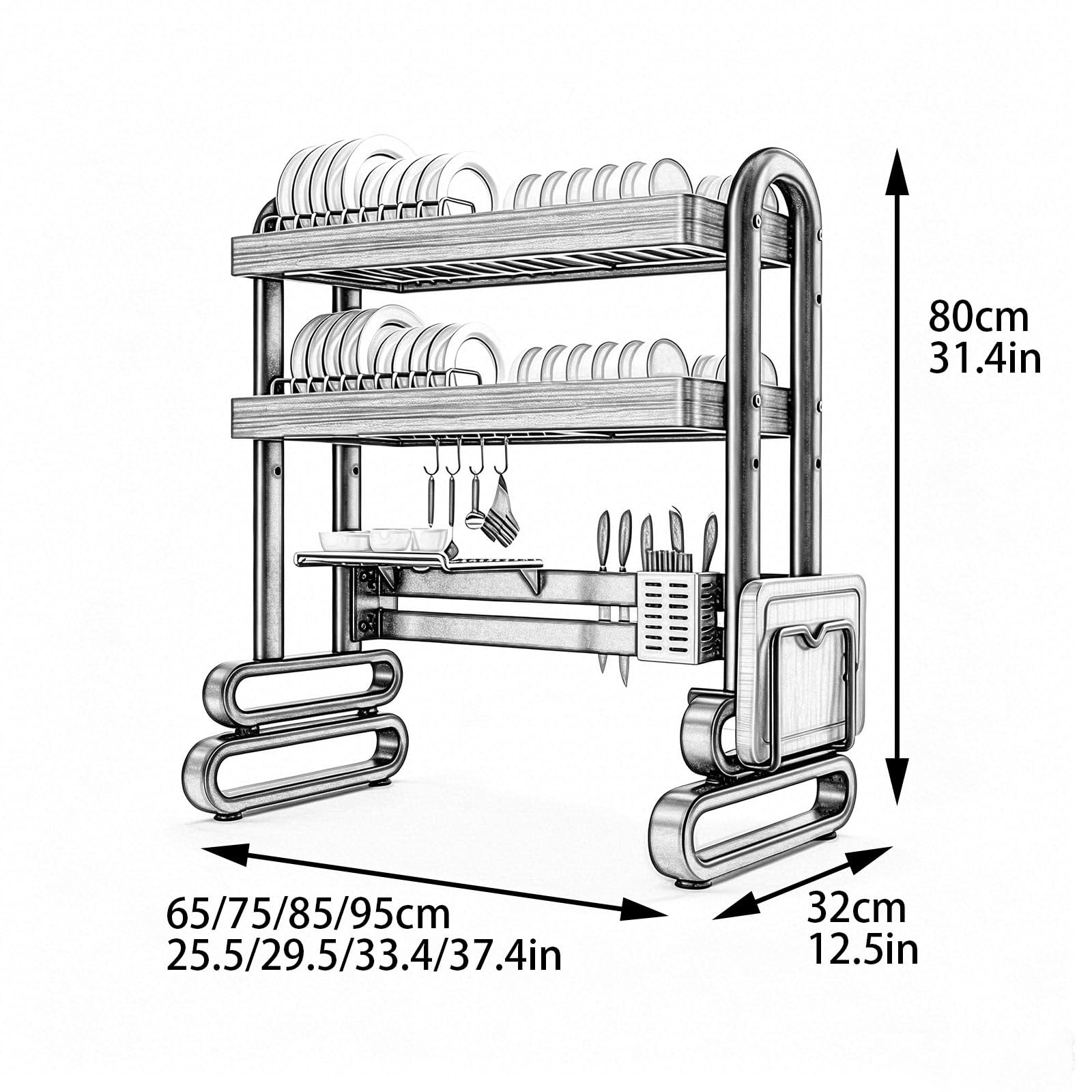 Scolapiatti sopra il lavello, organizer da cucina a 2 ripiani in acciaio inox, grande scolapiatti antiruggine per risparmiare spazio moderno (75 x 31,8 x 80 cm)