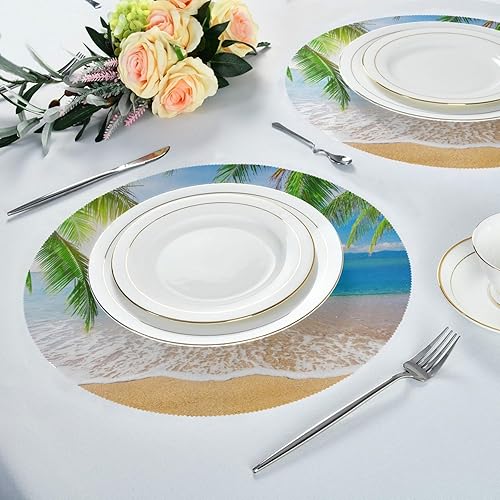 Miniatura 4 de Juego de 4 manteles individuales redondos para mesa de comedor, palmeras tropicales, océano, mar, playa, resistentes al calor, para cocina, fiesta,