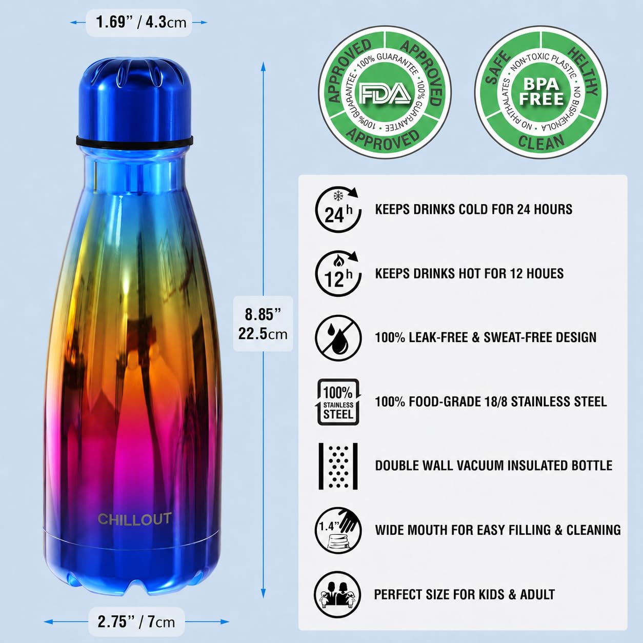 CHILLOUT LIFE Edelstahl-Wasserflasche für Kinder, Schule, 340 ml, doppelwandig, isoliert, Cola-Flaschenform für kalte und warme Getränke, BPA-freie Metall-Sportflasche für Jungen, Mädchen und Frauen