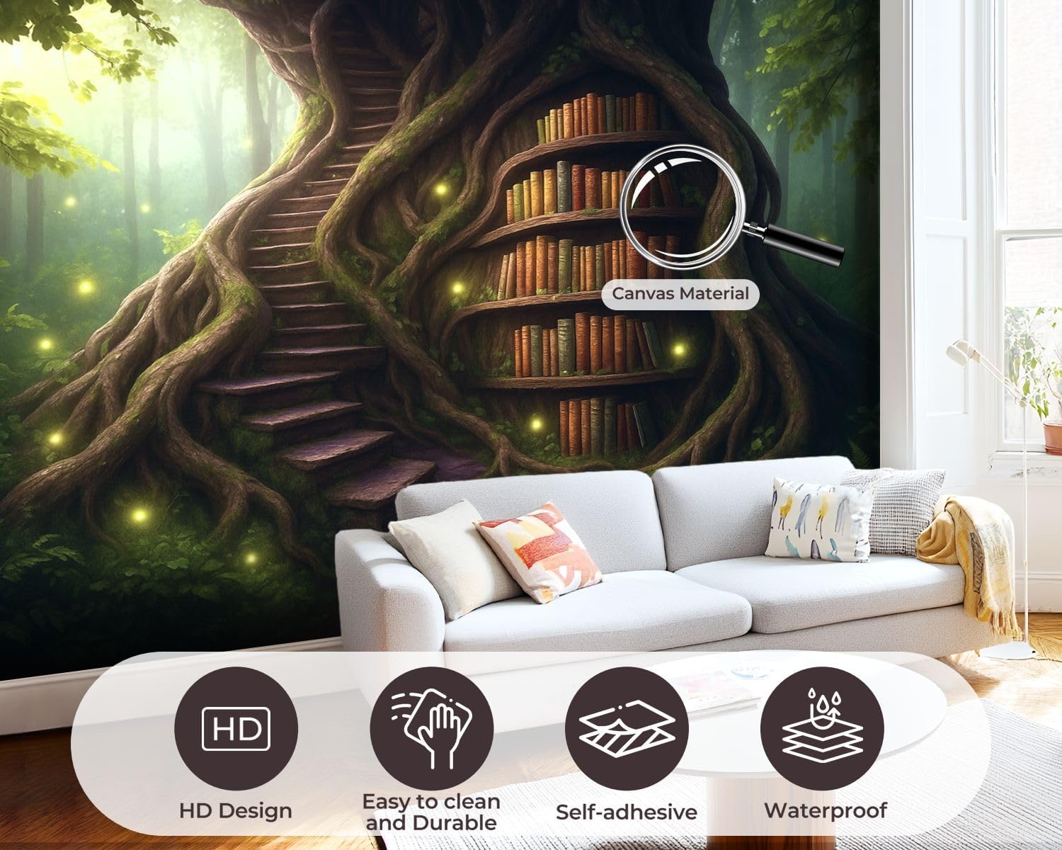 Peel and Stick Wallpaper Wall Murals Tree Library Spiral Staircase Shimmering Tomes Self Adhesive Removable Canvas Wall Stickers for Living Room Kids Bedroom 69''x96''