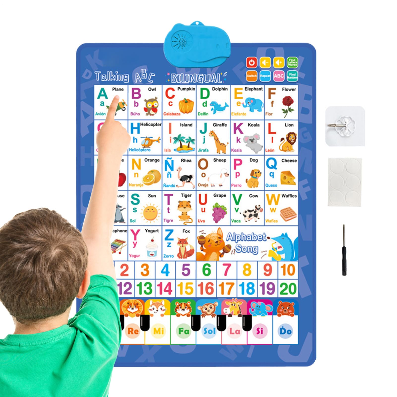 Talking Wall Charts for Kid, English Spanish Bilingual Learning Poster, Interactive Electronic Alphabet Toy, with Piano Songs Game, for Ages 1-6 Children Kindergarten School Nursery Playroom